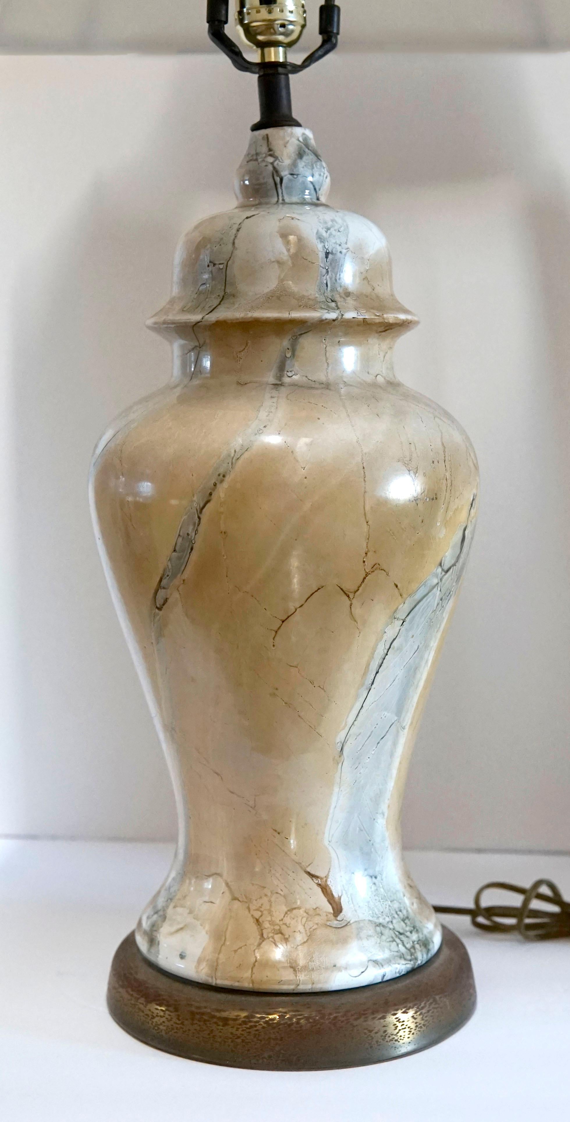 20th Century Marble Pattern Glass Vintage Ginger Jar Shaped Table Lamp For Sale