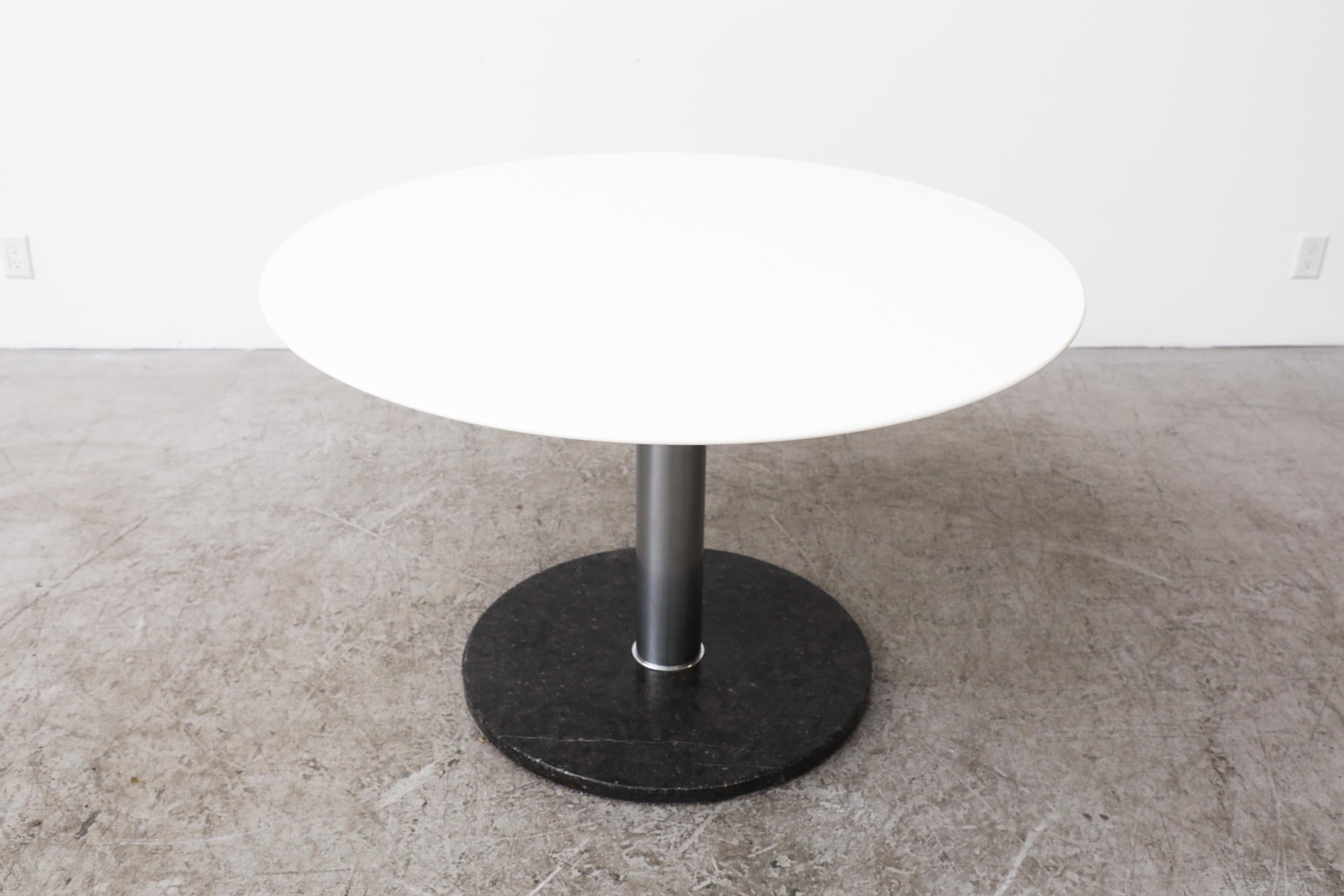 Mid-Century Modern Pedestal Dining Table with Black Marble Base, Chrome Stem, & White Laminate Top For Sale