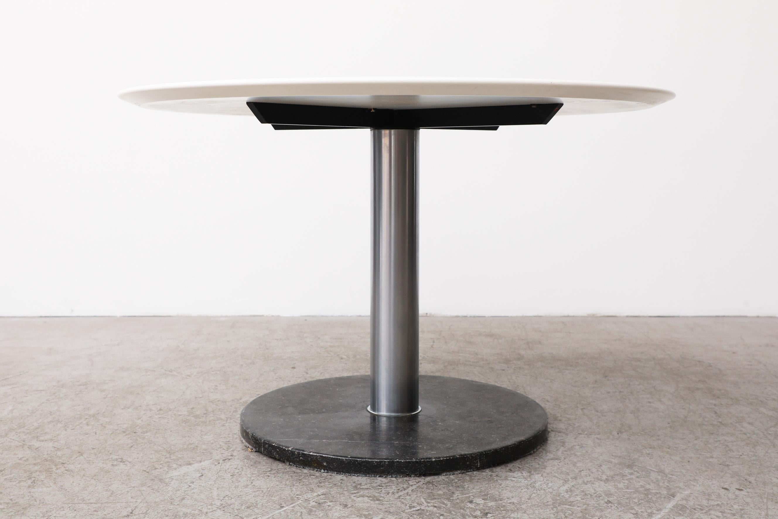 Pedestal Dining Table with Black Marble Base, Chrome Stem, & White Laminate Top For Sale 2