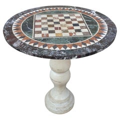 Antique Marble Pedestal Table with Marquetry Top, XIXth Century