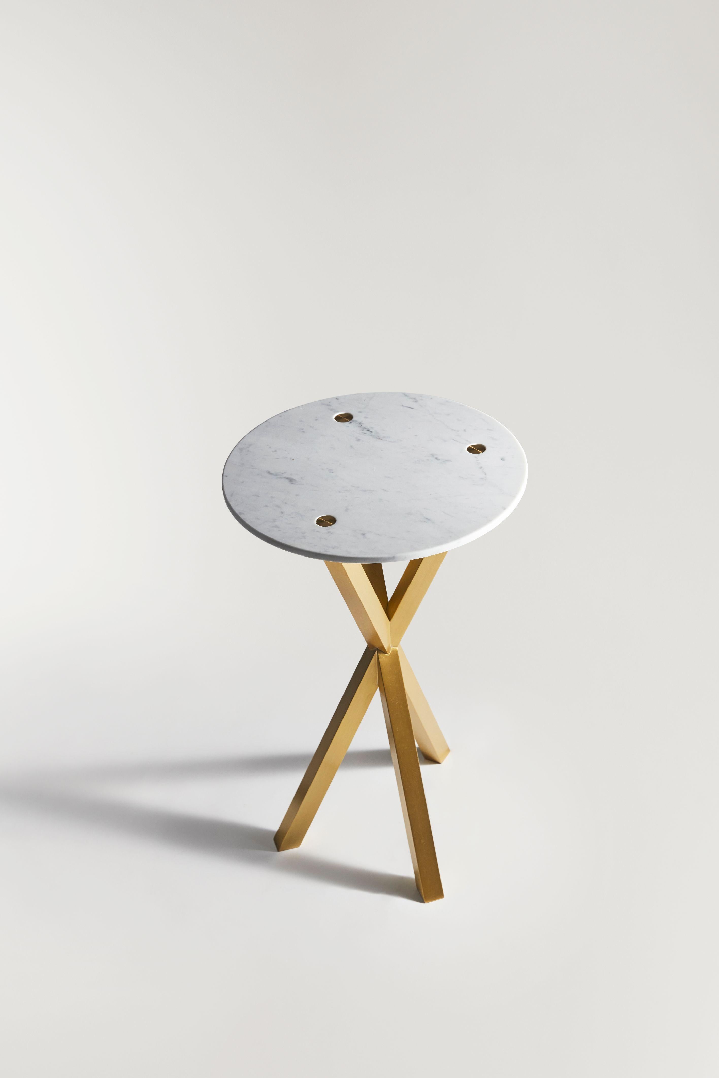 Marble phasme side table by Mydriaz
Dimensions: Diameter 42 x height 70 cm
Materials: Brass, marble 
Finishes: Golden-plated or varnished brushed brass, white nickel finish on brushed brass, Black nickel finish on brushed brass
7 kg

Our