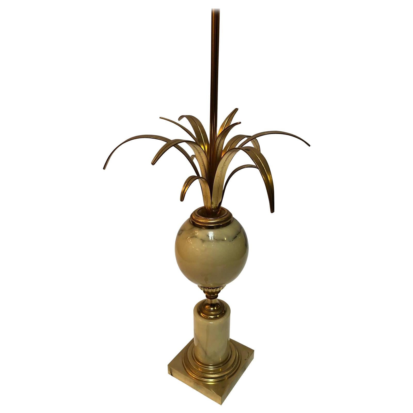 Marble Pineapple Lamp, Golden Lamp, in the Style of Jansen, circa 1970 For Sale