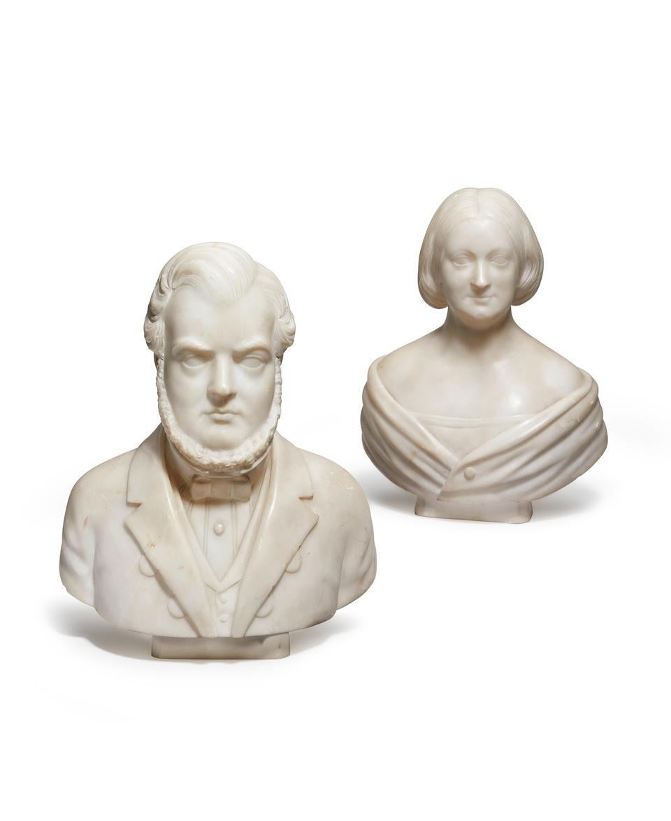 Pair of Marble Portrait Busts of Male and Female 19th Century American For Sale 4
