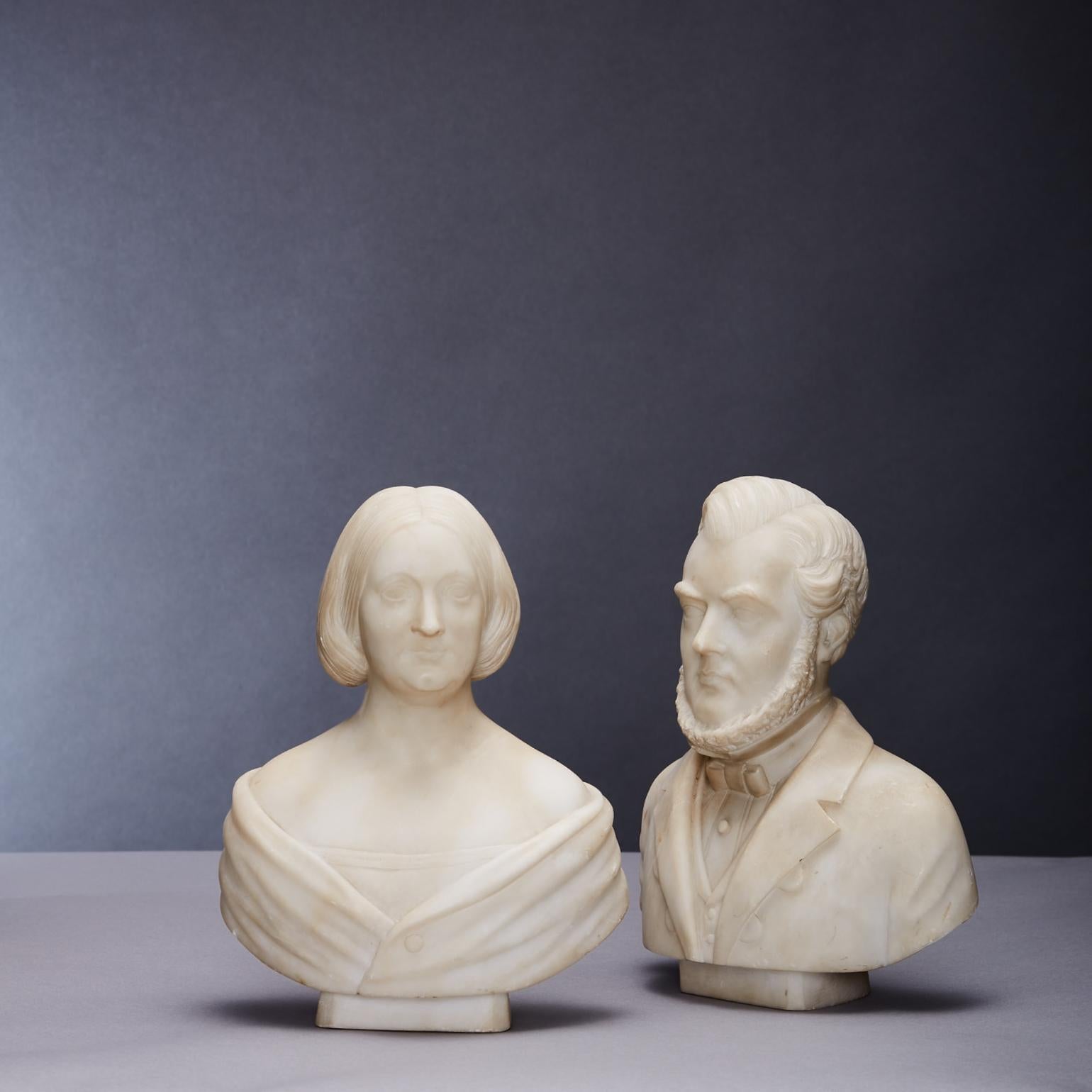 Two busts of male and female couple carved in marble, Biedemeier style American second half of 19th century, signed on reverse of each carved 'Dewey'.
Two Portrait of a well to do couple firmly telling the America they have arrived and are