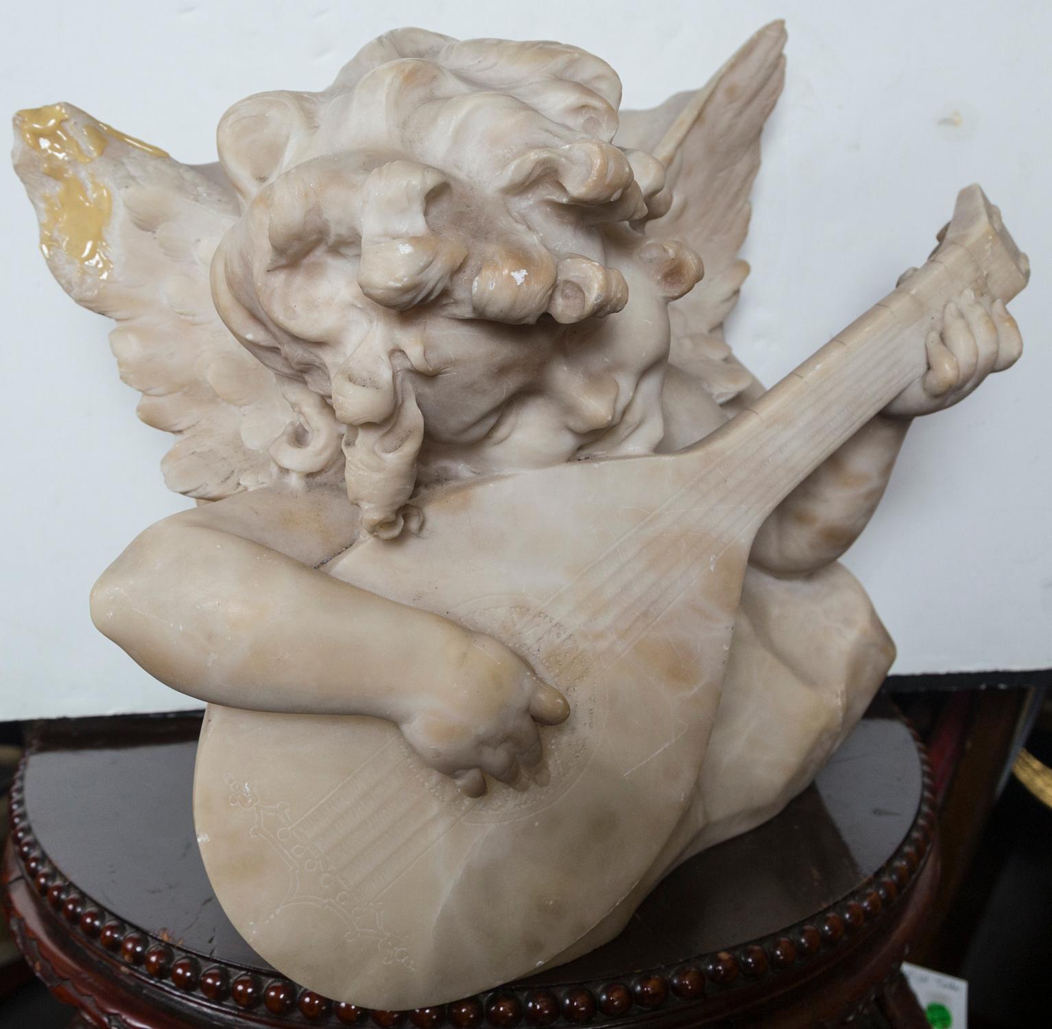 Marble Putto Playing a Mandolin In Fair Condition For Sale In Woodbury, CT