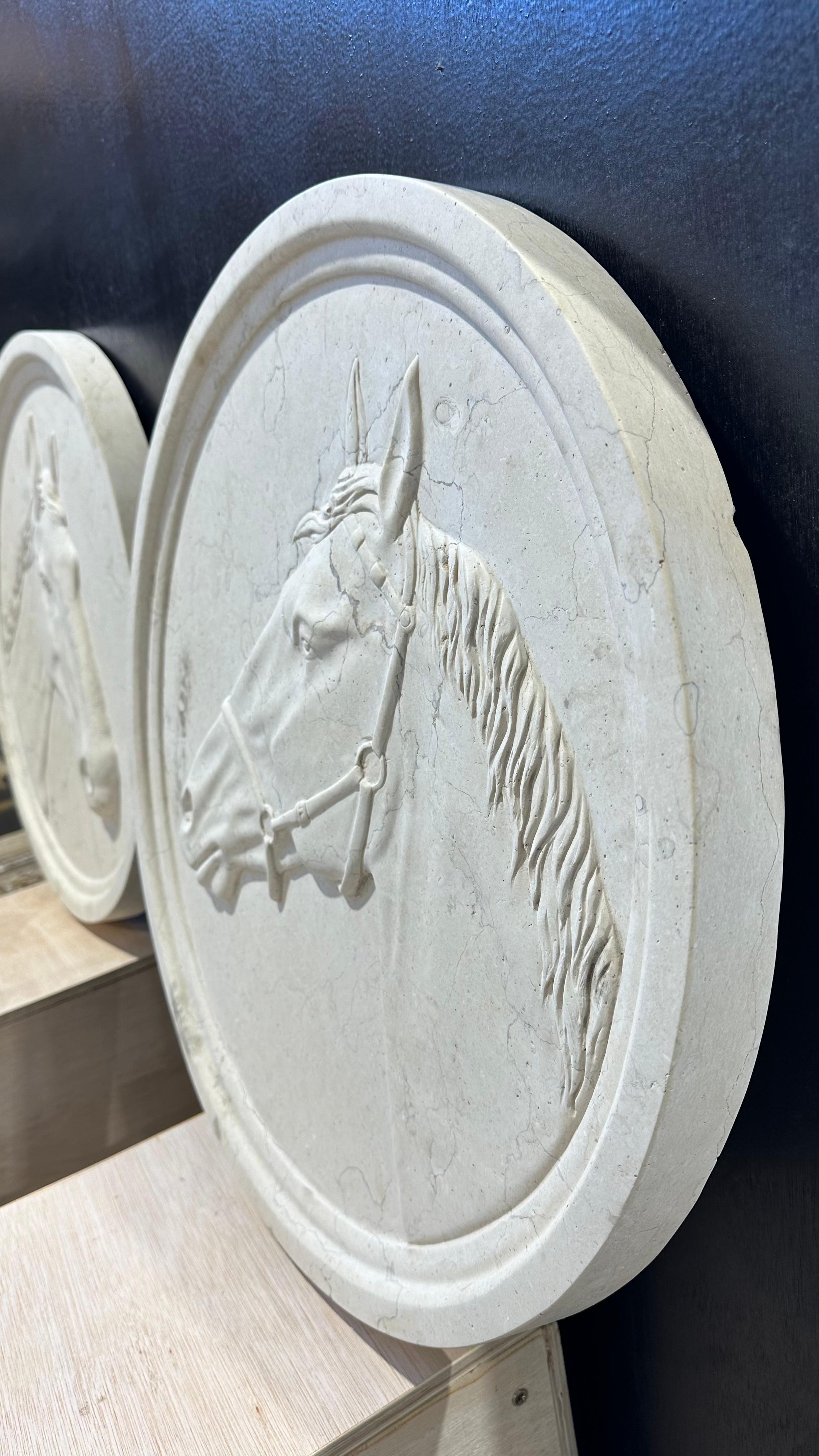 Hand-Carved Marble Round Wall Plaques Of Horseheads For Sale
