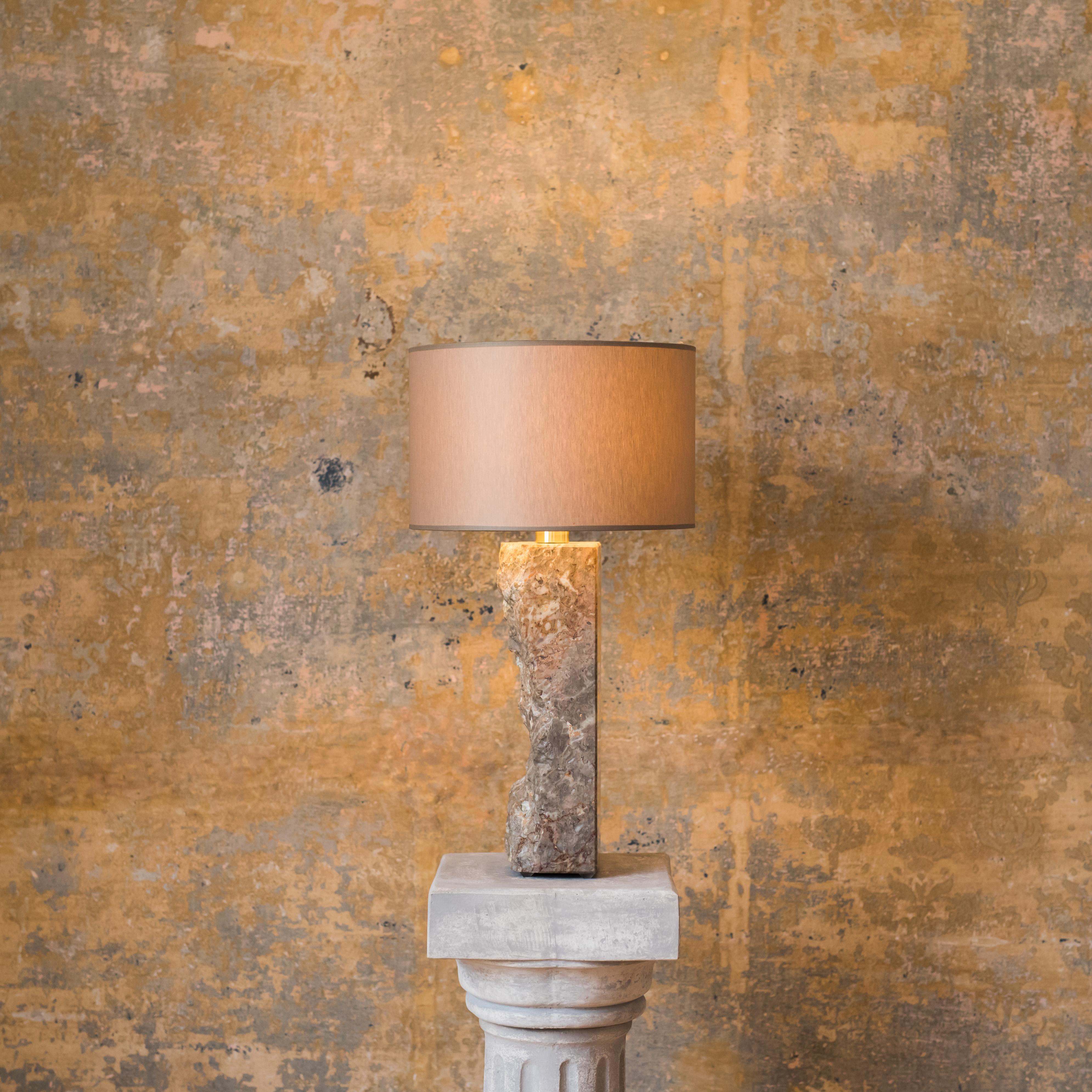 Marble sculpted table lamp by Brajak Vitberg
POMPEII 1.1.
Lesno brdo, polished brass
Dimensions: 62 x 35 x 35 cm
white or black cotton lampshade, cotton wiring

Bijelic and Brajak are two architects from Ljubljana, Slovenia.
They are striving to