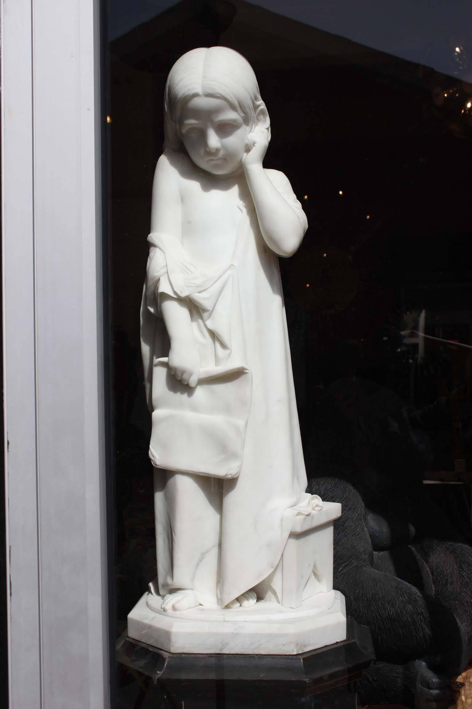 Marble sculpture by Angelo Biella (1828-1875), Milano, representing a little child, with a beautiful drape.
Signed on the base.
In very good condition
Measures: Height 184 cm without the column 105 cm.