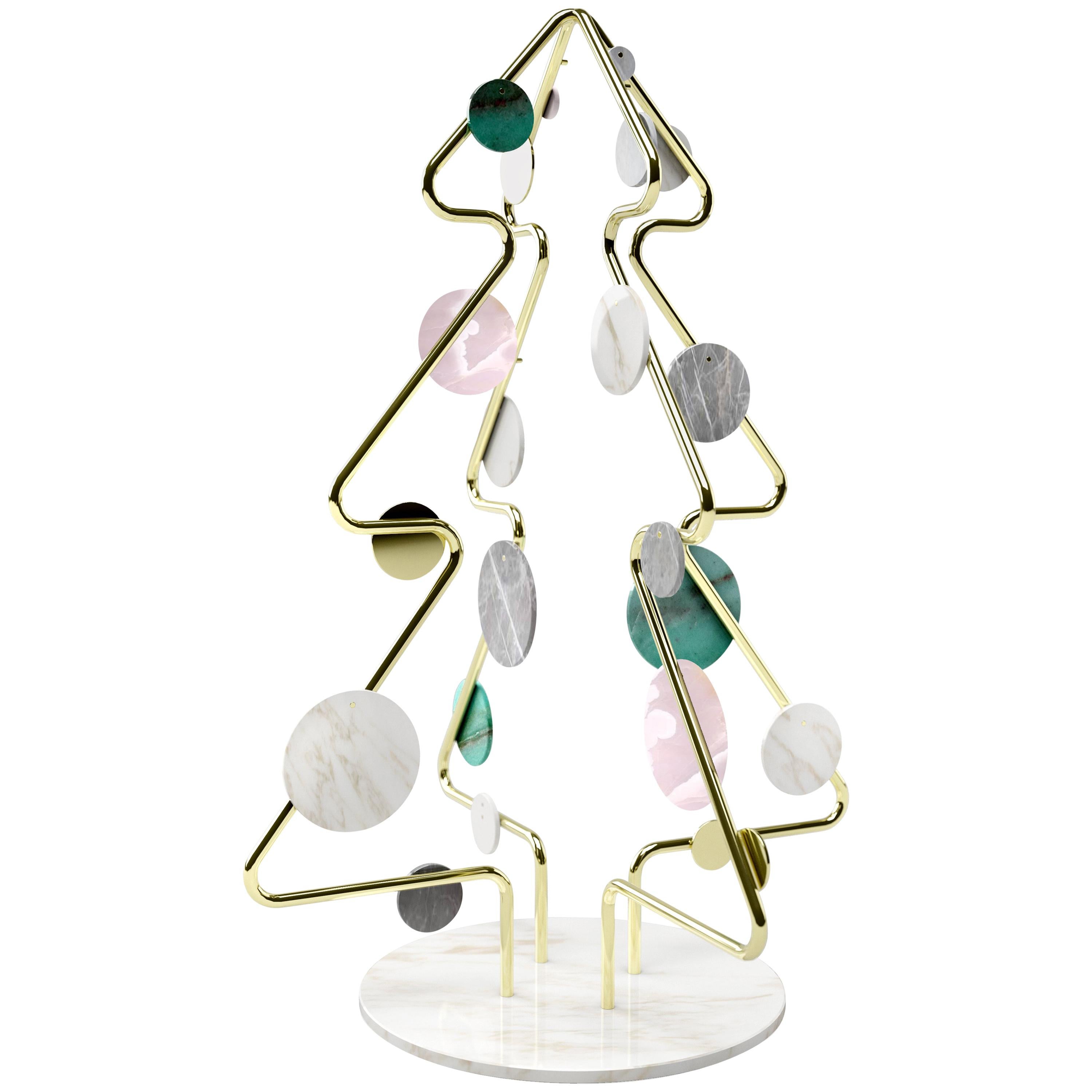 Christmas Tree Decorative Sculpture Marble Onyx Brass Collectible Design Italy