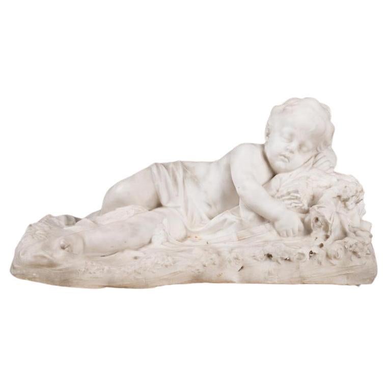 Marble Sculpture "Cupid Sleeping on a bed of flowers" signed & dated.  For Sale
