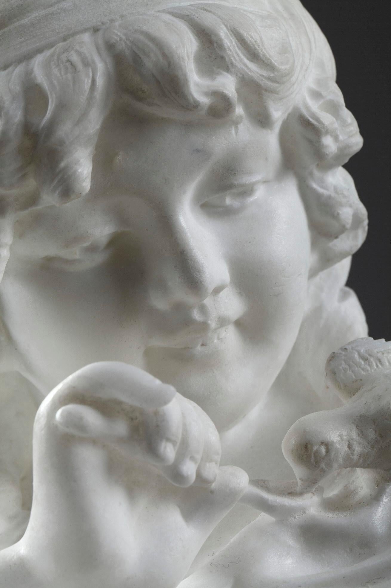 Late 19th century white marble sculpture of a young Italian feeding a bird. Every aspect of this marble bust is lifelike, from the girl’s intricately crafted dress to the delicate face and bird. Lapini was admired for the refinement of his technique