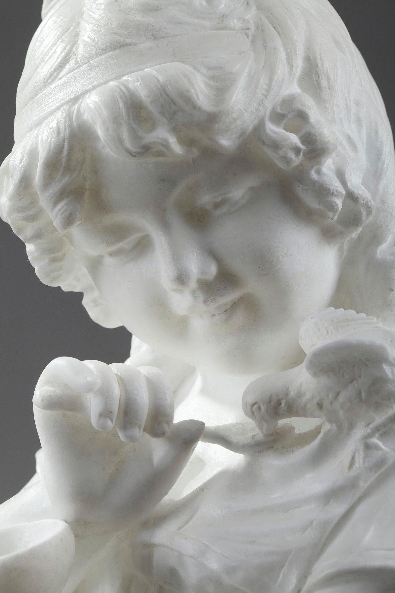Italian Marble Sculpture Girl Feeding a Bird by Cesare Lapini