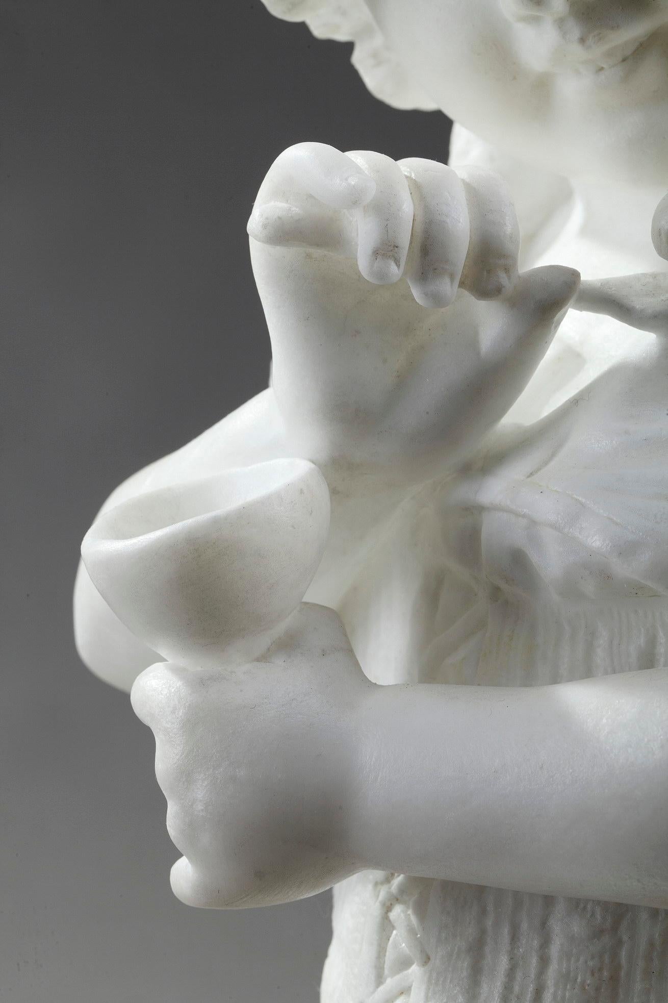 19th Century Marble Sculpture Girl Feeding a Bird by Cesare Lapini