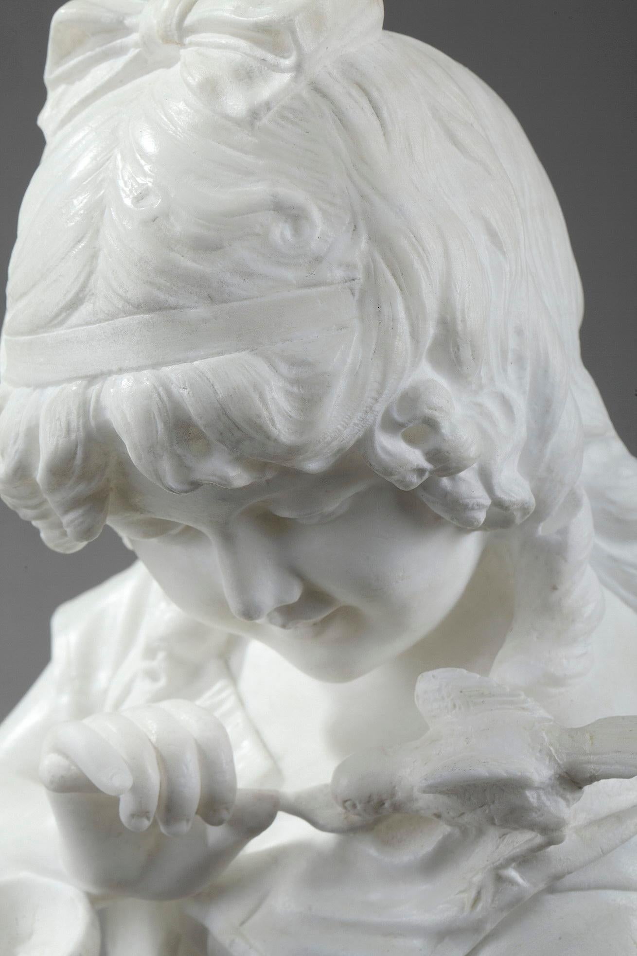 Marble Sculpture Girl Feeding a Bird by Cesare Lapini 1