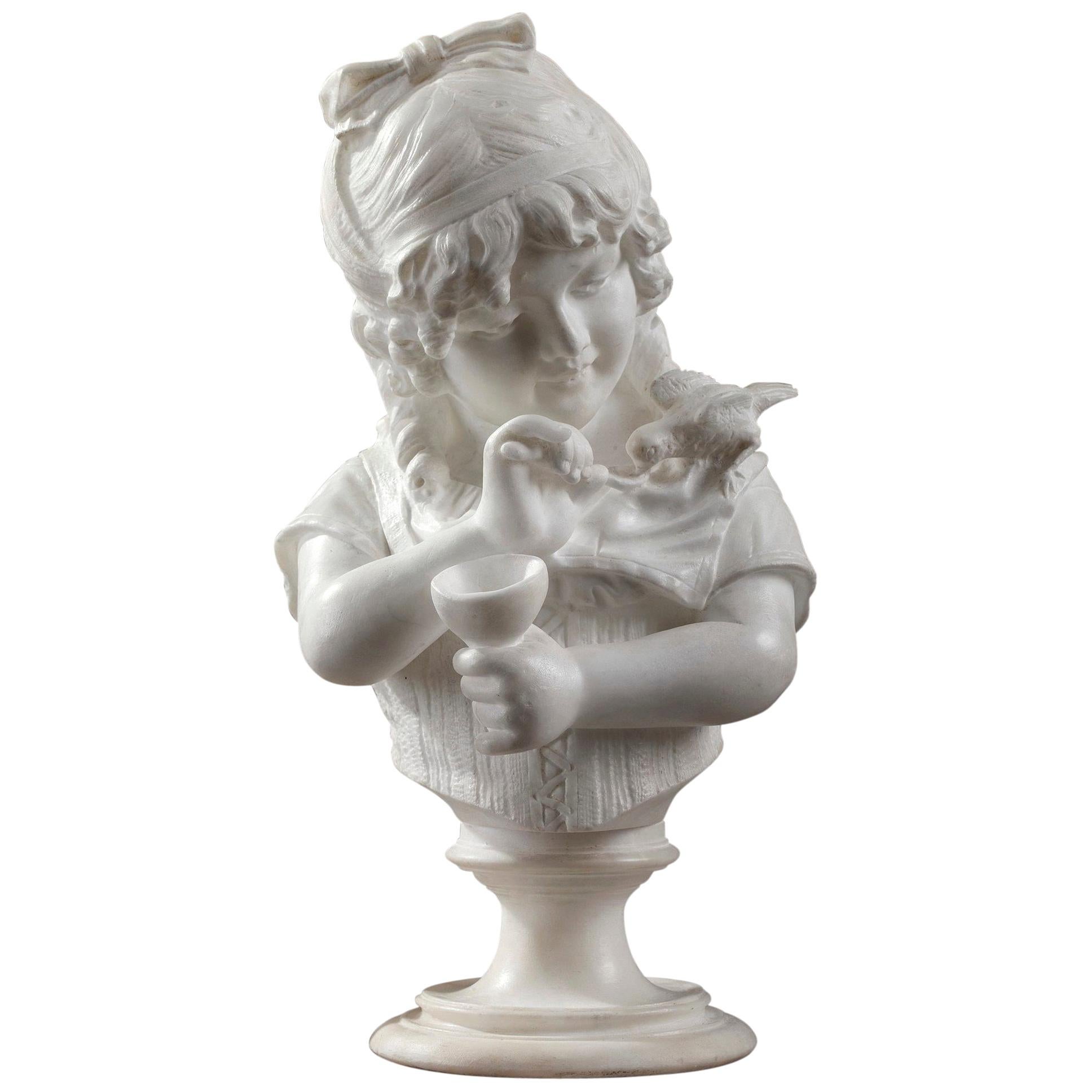 Marble Sculpture Girl Feeding a Bird by Cesare Lapini
