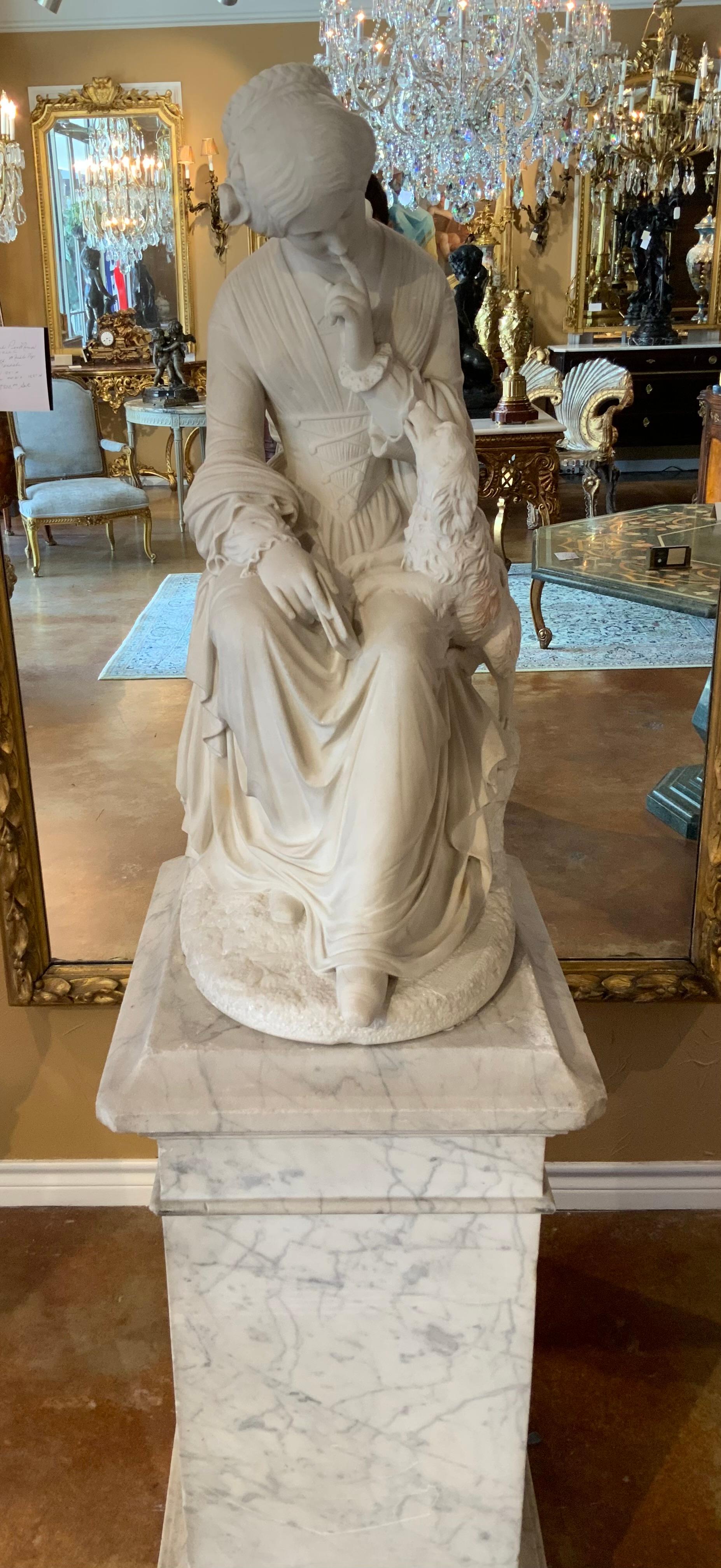 Italian Marble sculpture of a woman and her dog For Sale