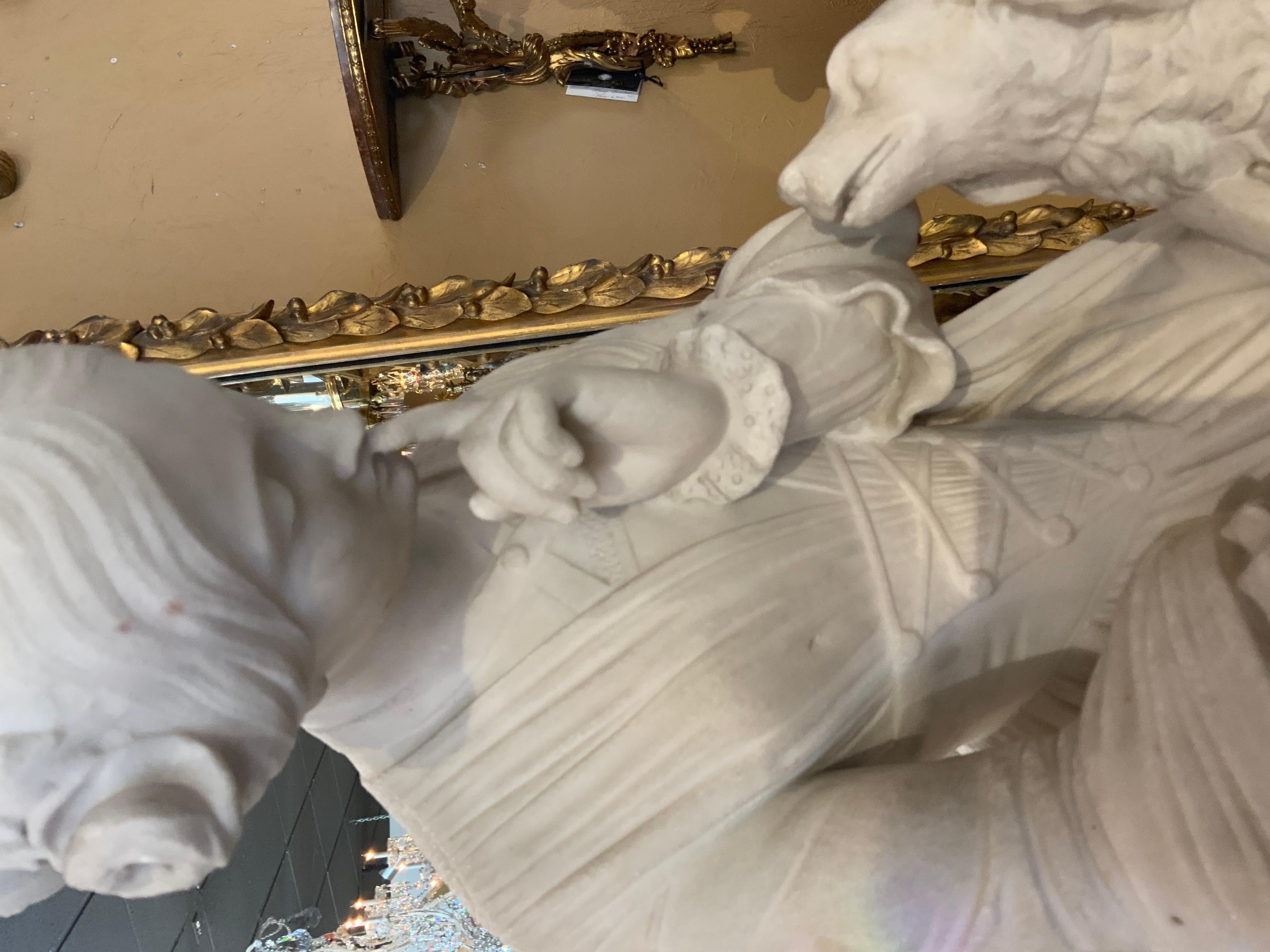 Marble sculpture of a woman and her dog In Excellent Condition For Sale In Houston, TX