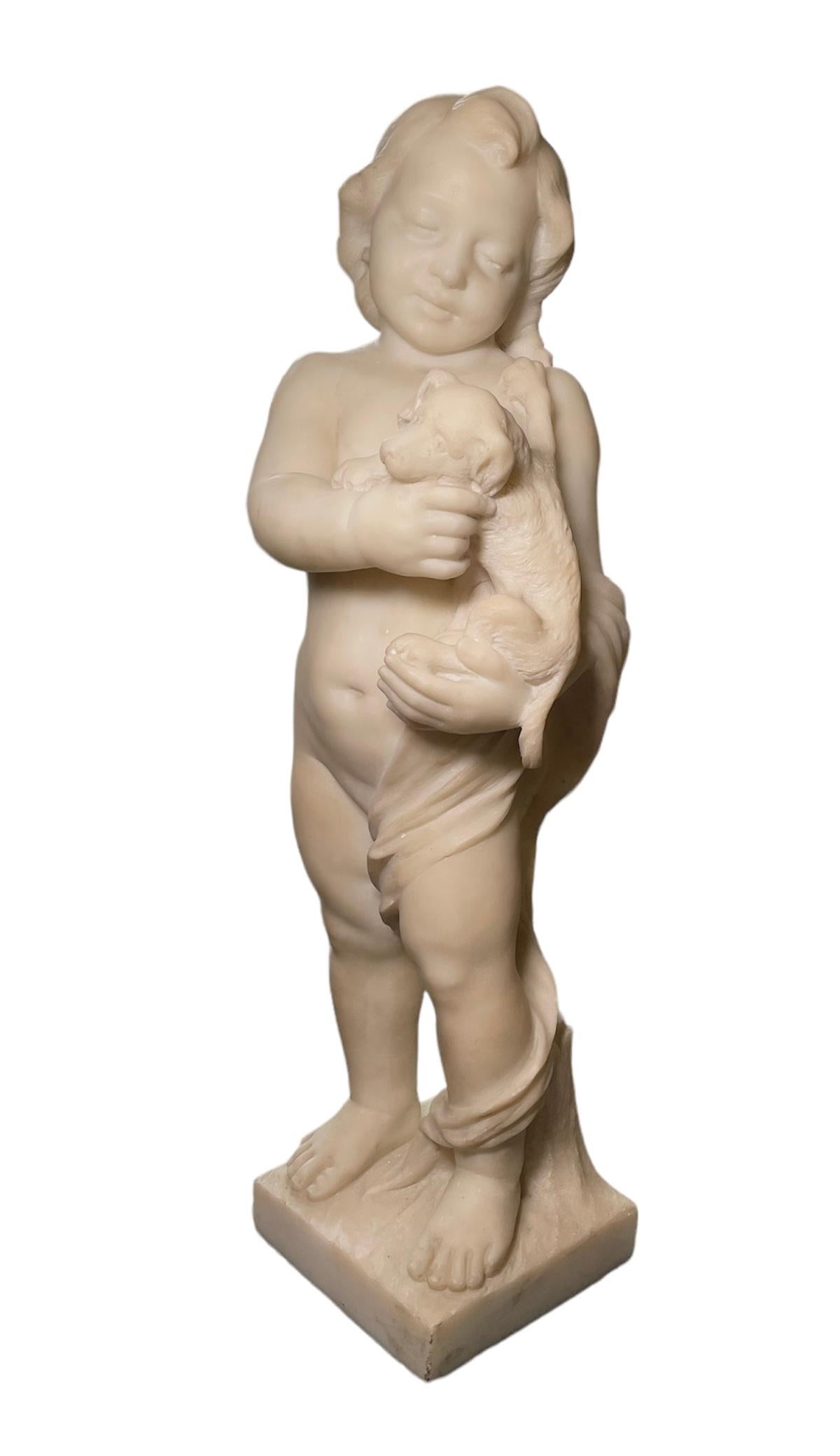 Marble Sculpture Of Cherub Holding A Puppy  For Sale 3