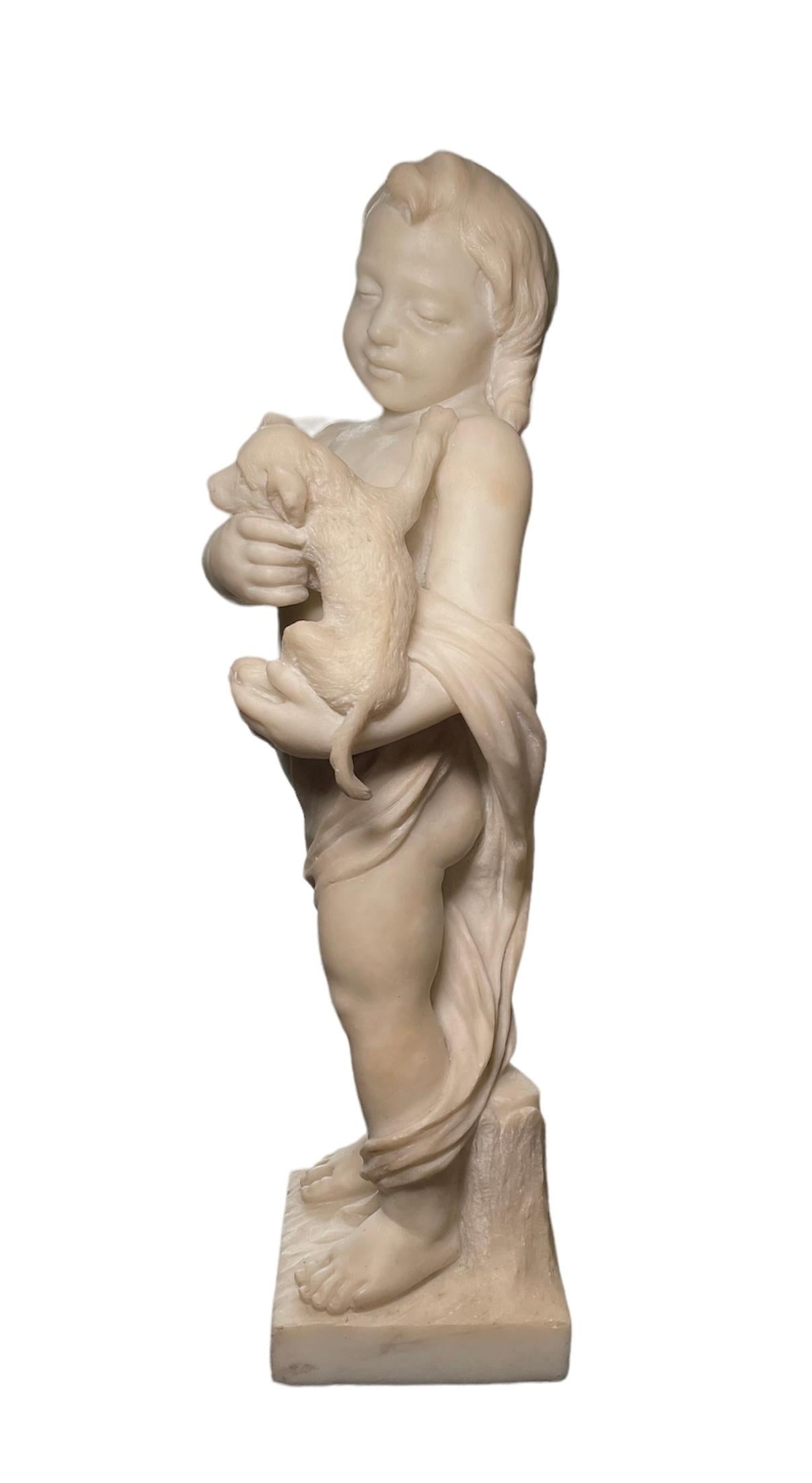 Unknown Marble Sculpture Of Cherub Holding A Puppy  For Sale