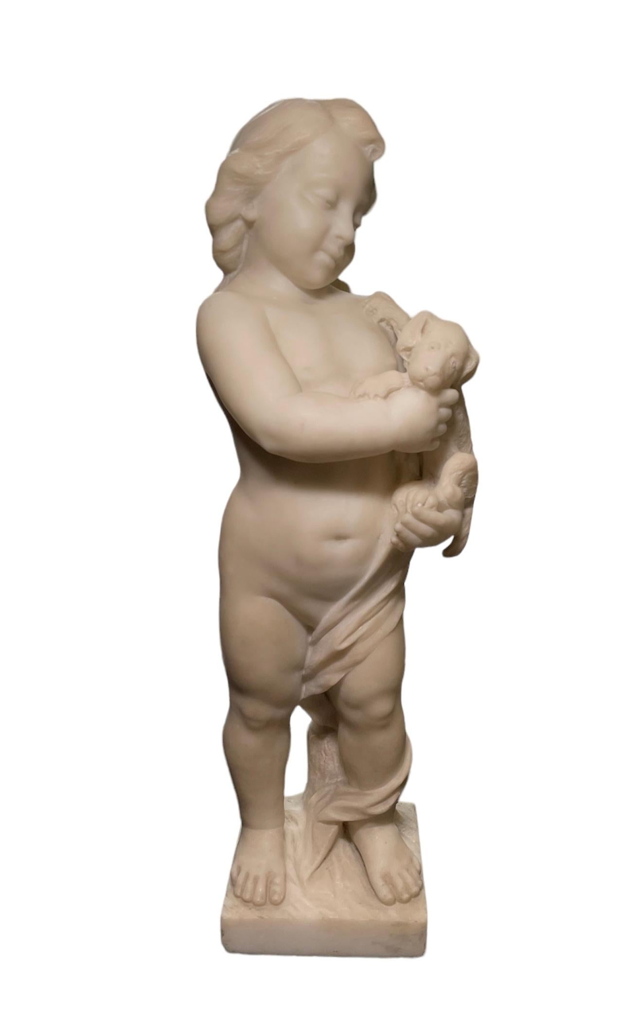 Marble Sculpture Of Cherub Holding A Puppy  In Good Condition For Sale In Guaynabo, PR