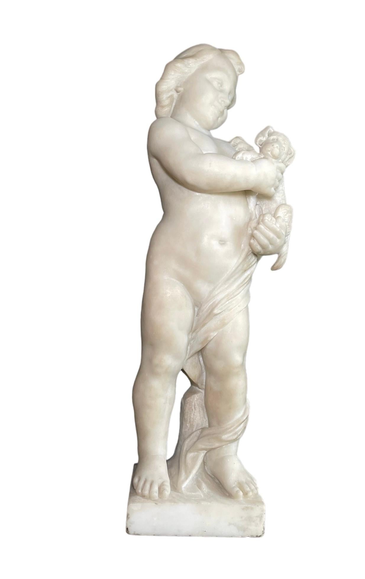 Alabaster Marble Sculpture Of Cherub Holding A Puppy  For Sale