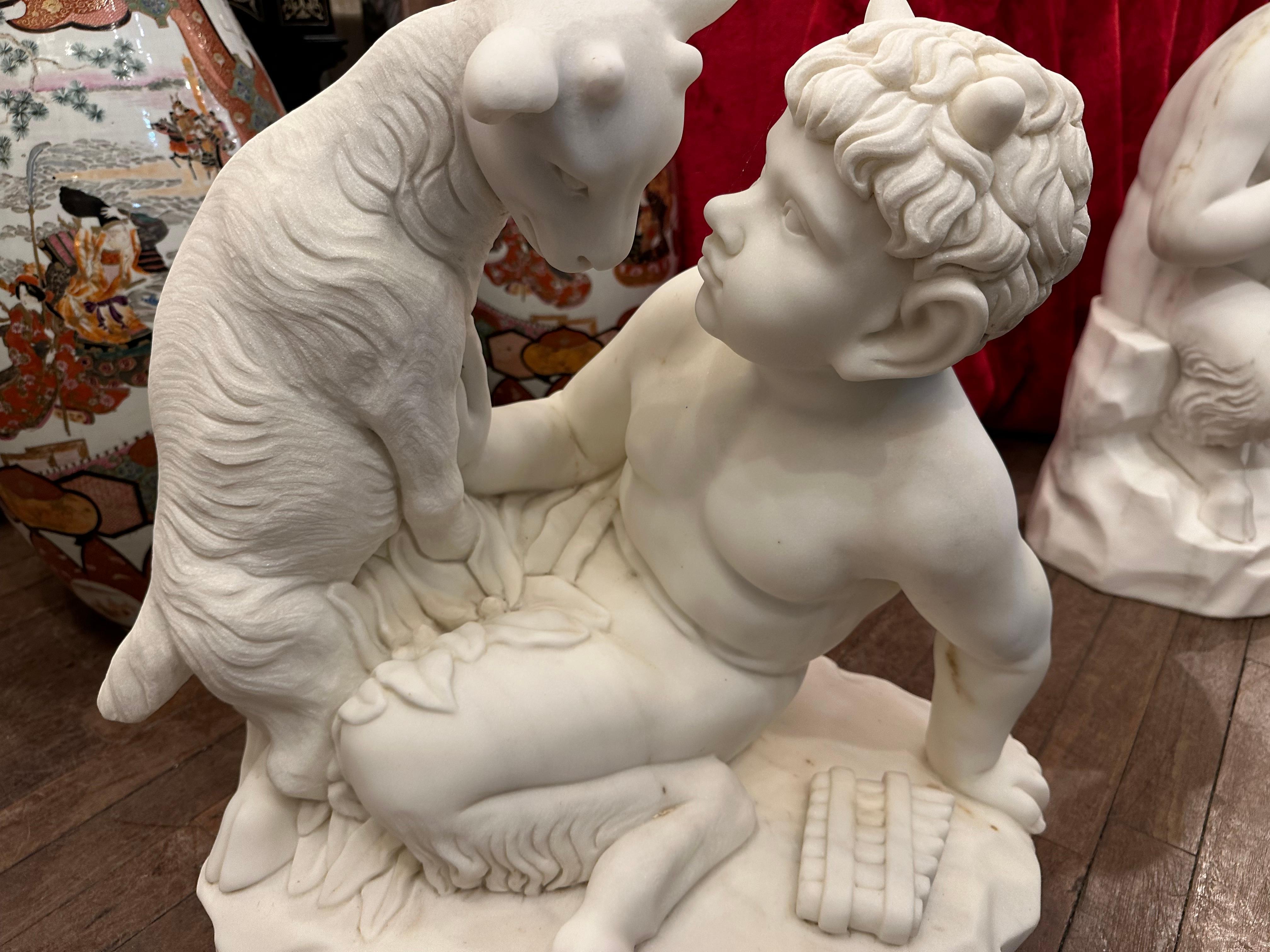 A fine marble statue of the Greek God Pan with a Goat. Carved in great detail, with clear features on both the goat and Pan, right down to the Goats fur which delicately curls to the muscular body of Pan. A lovely piece that exudes a sense of