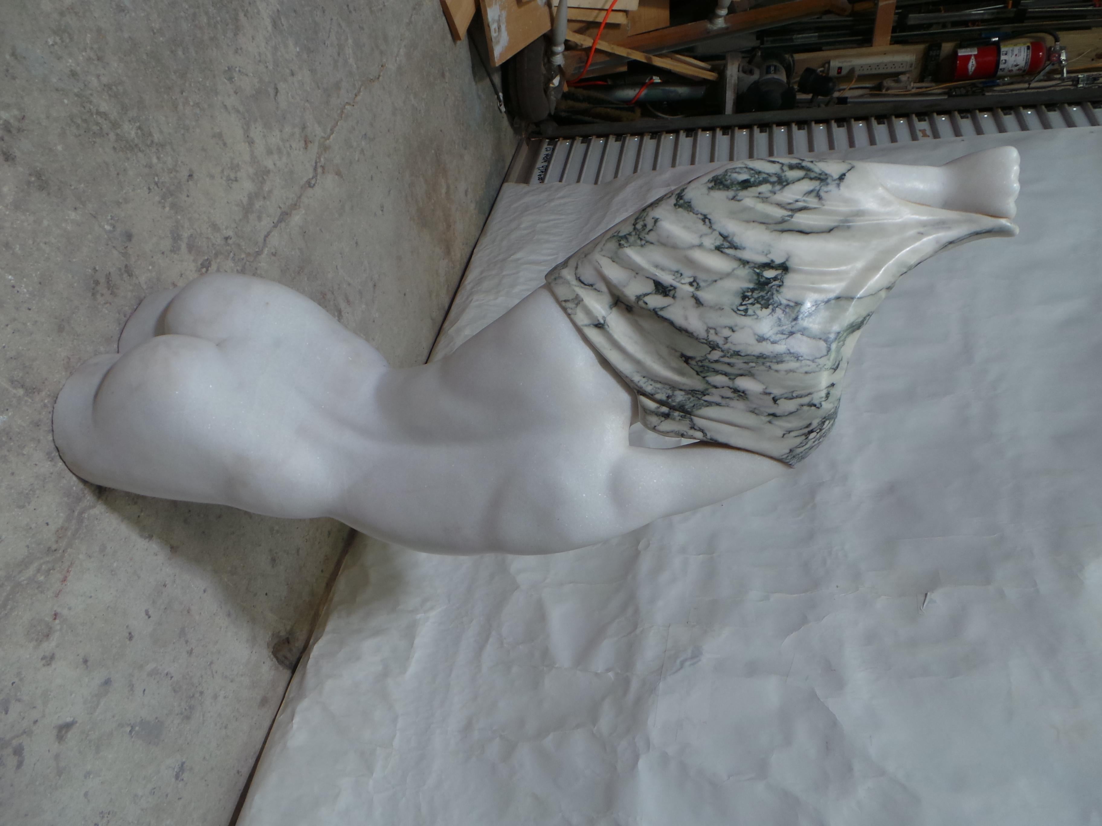Marble Sculpture Woman Undressing White Marble+Verde Indio Marble For Sale 3
