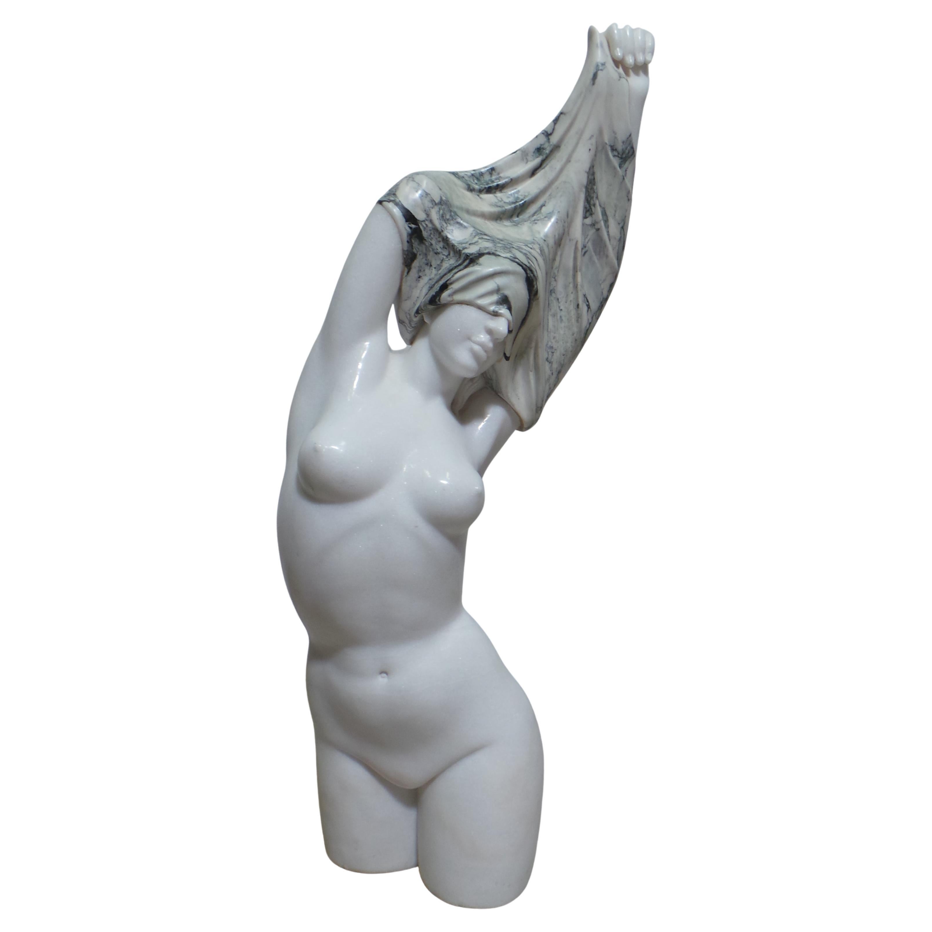 Marble Sculpture Woman Undressing White Marble+Verde Indio Marble