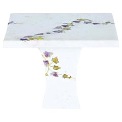 Marble Side Table, Hand-Inlaid Ivy Vine Design