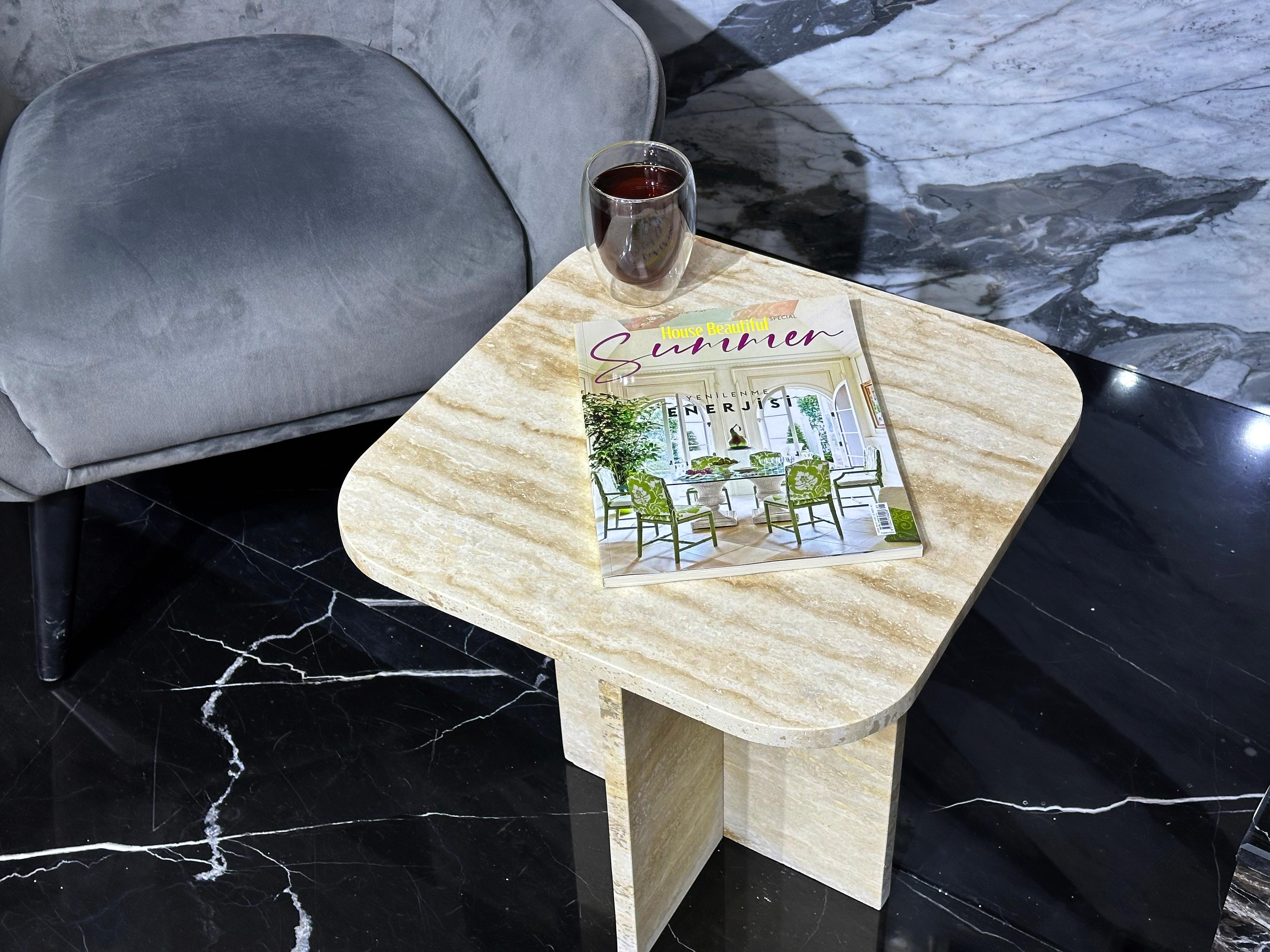 Arts and Crafts Travertine Coffee Table - Marble Coffee Table  - Travertine Side Table For Sale