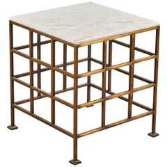 Marble Side Table with Brass Geometric Base