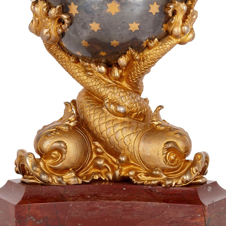 Baroque Marble, Silvered Bronze, and Ormolu Clock Set by Barbedienne