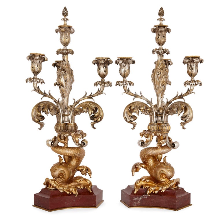 19th Century Marble, Silvered Bronze, and Ormolu Clock Set by Barbedienne