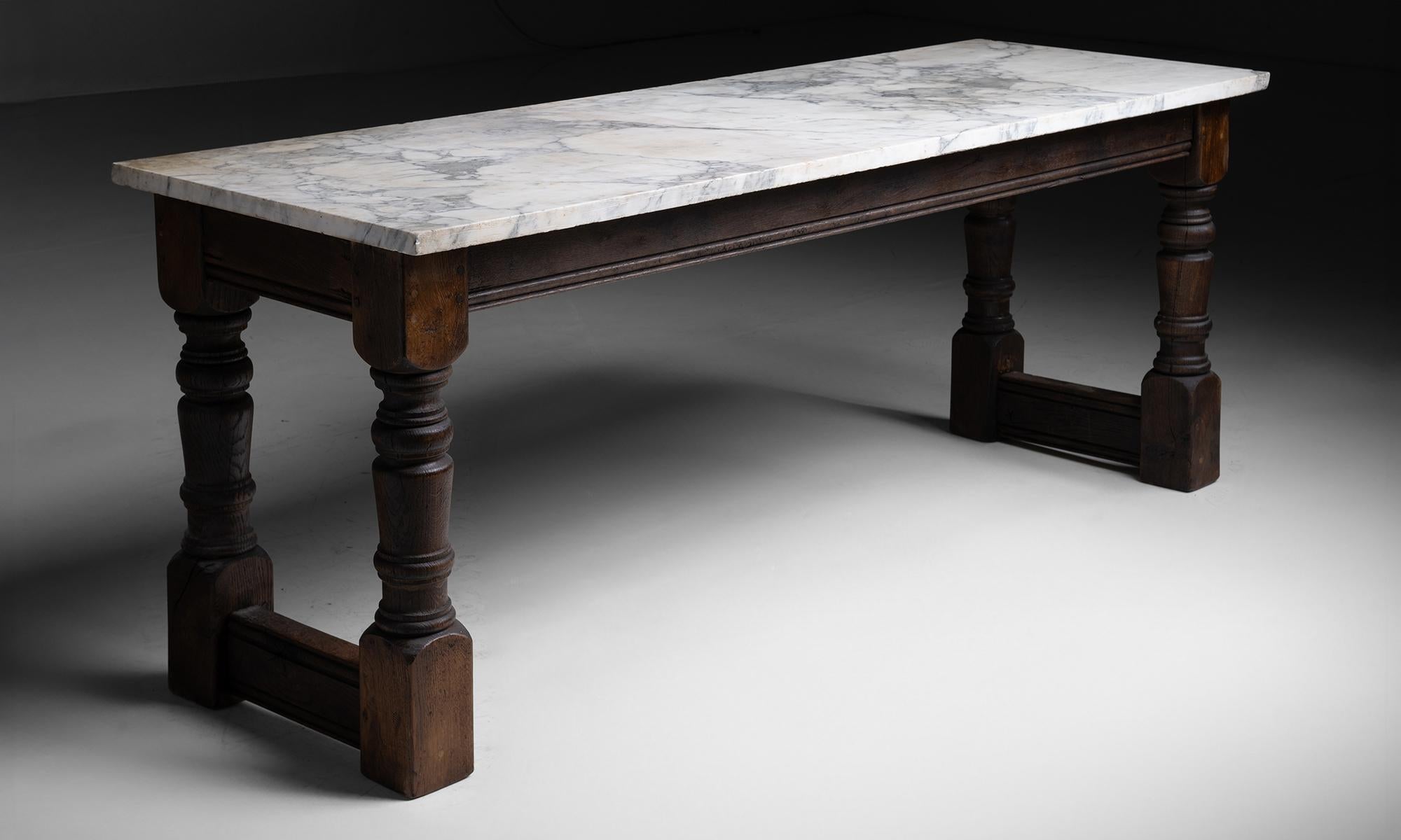 Marble Slab Bakery Table
France circa 1880
Marble top prep table on oak frame.
77