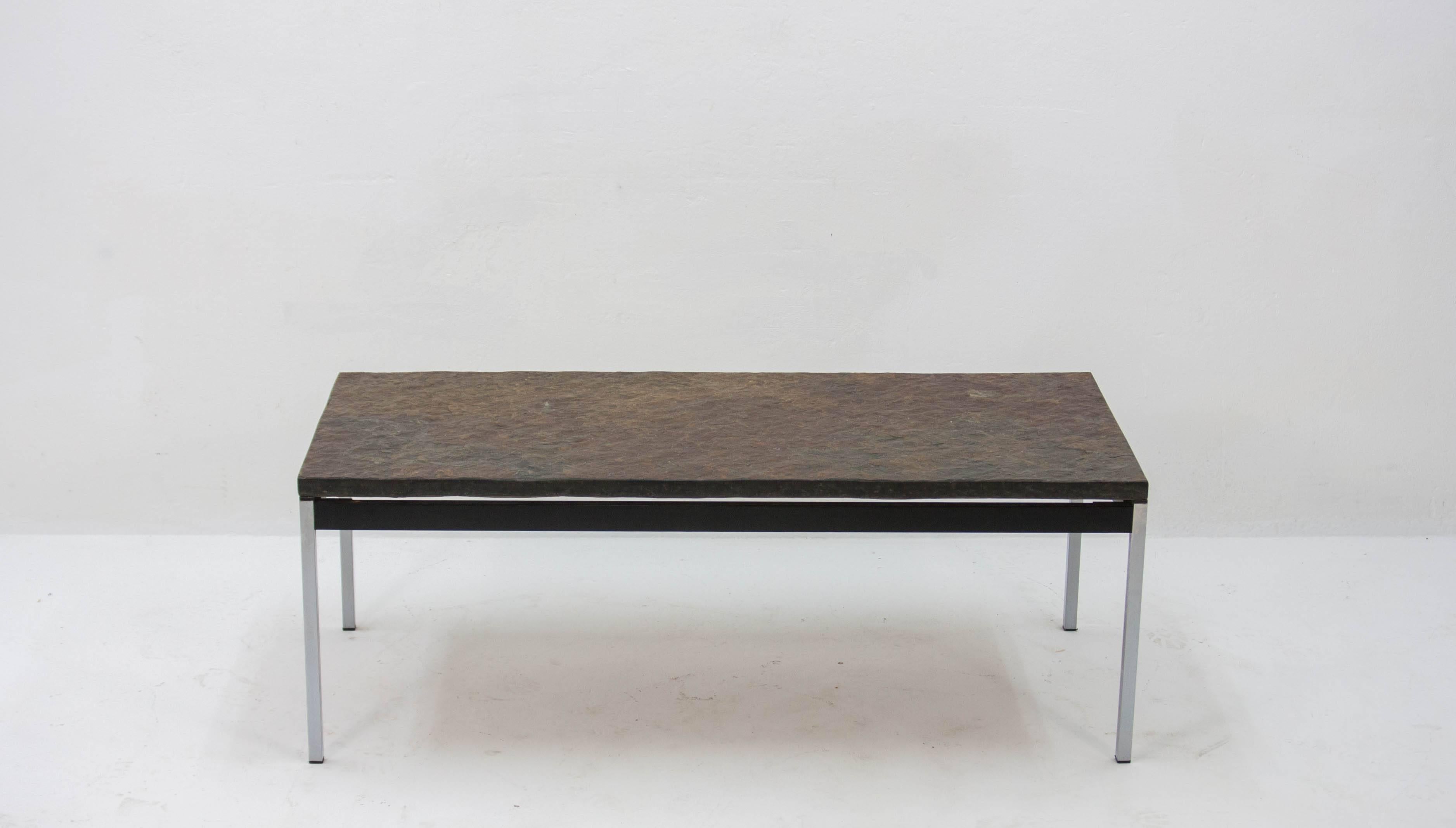 Rugged, heavy quality slate slab coffee table from the 1960s on a metal frame.