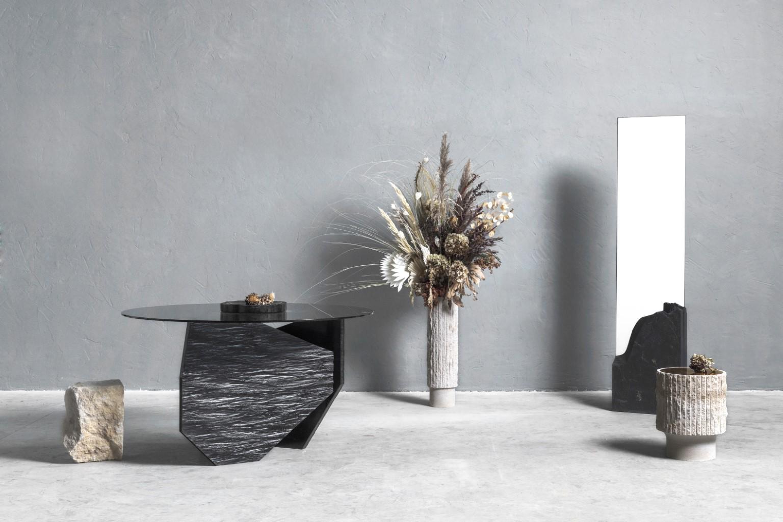 Contemporary Black Marble Slate Dining Table with Grey Mirror Top Signed by Frederic Saulou For Sale