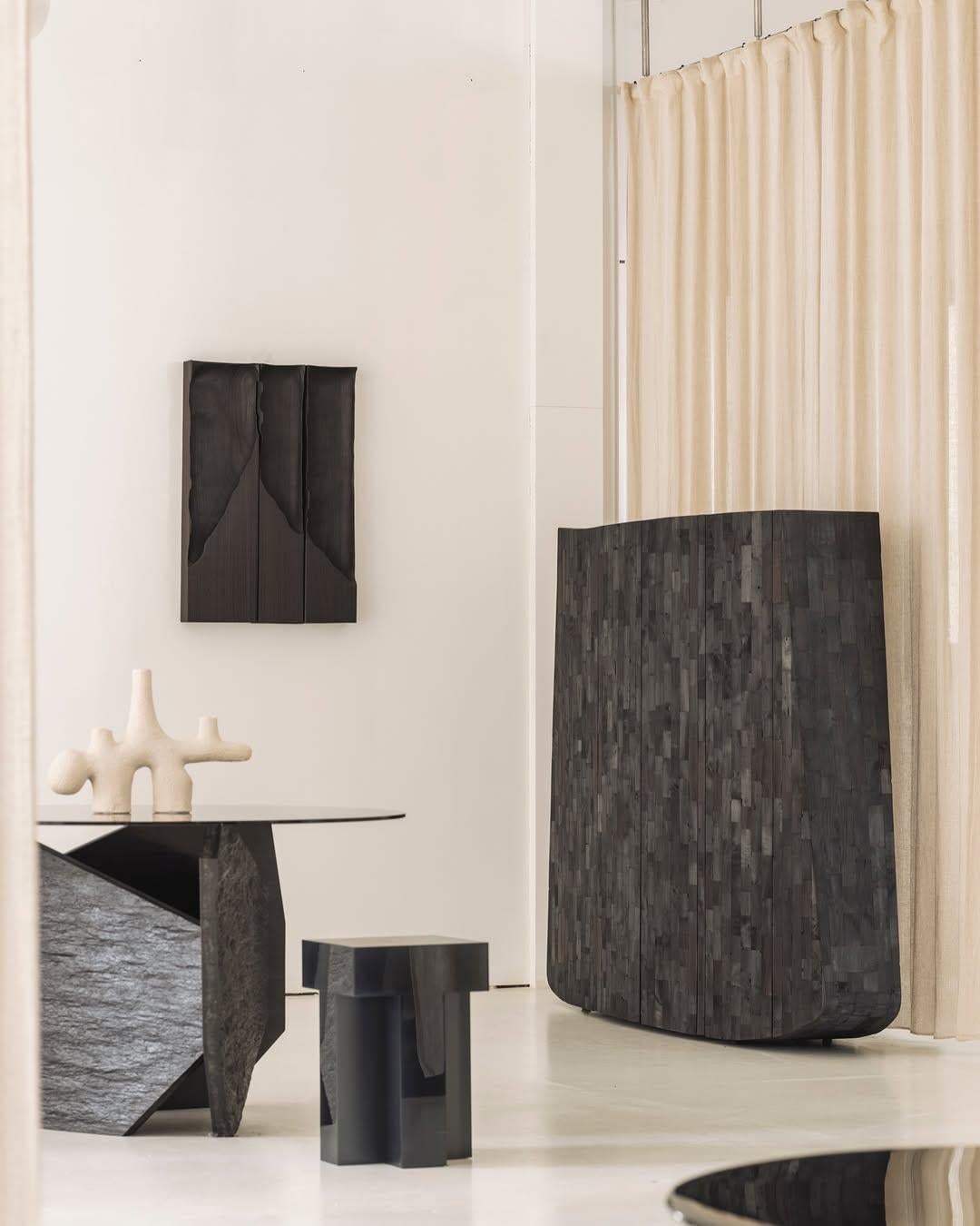 Black Marble Slate Dining Table with Grey Mirror Top Signed by Frederic Saulou For Sale 3