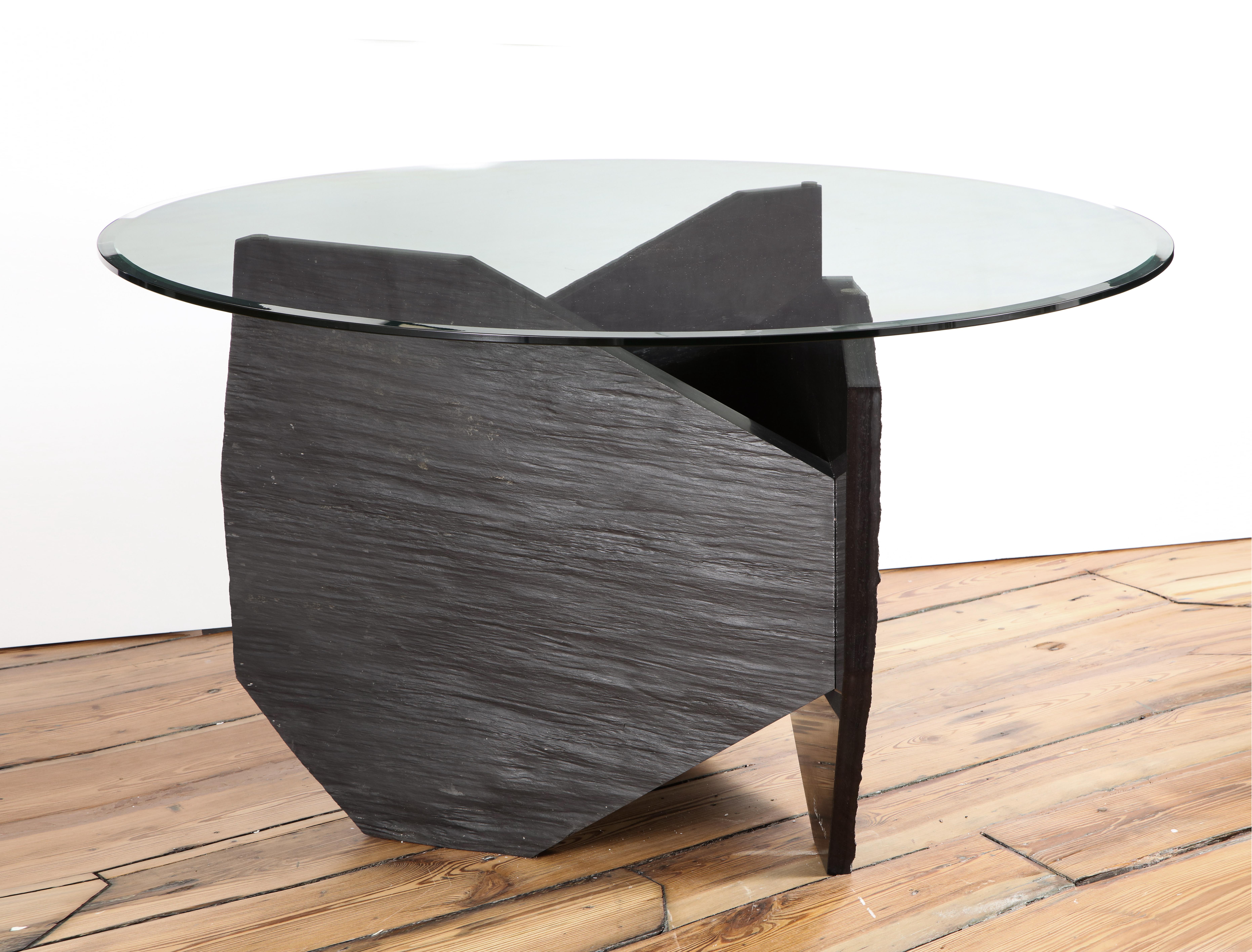 French Marble Slate Dining Table Signed by Frederic Saulou For Sale