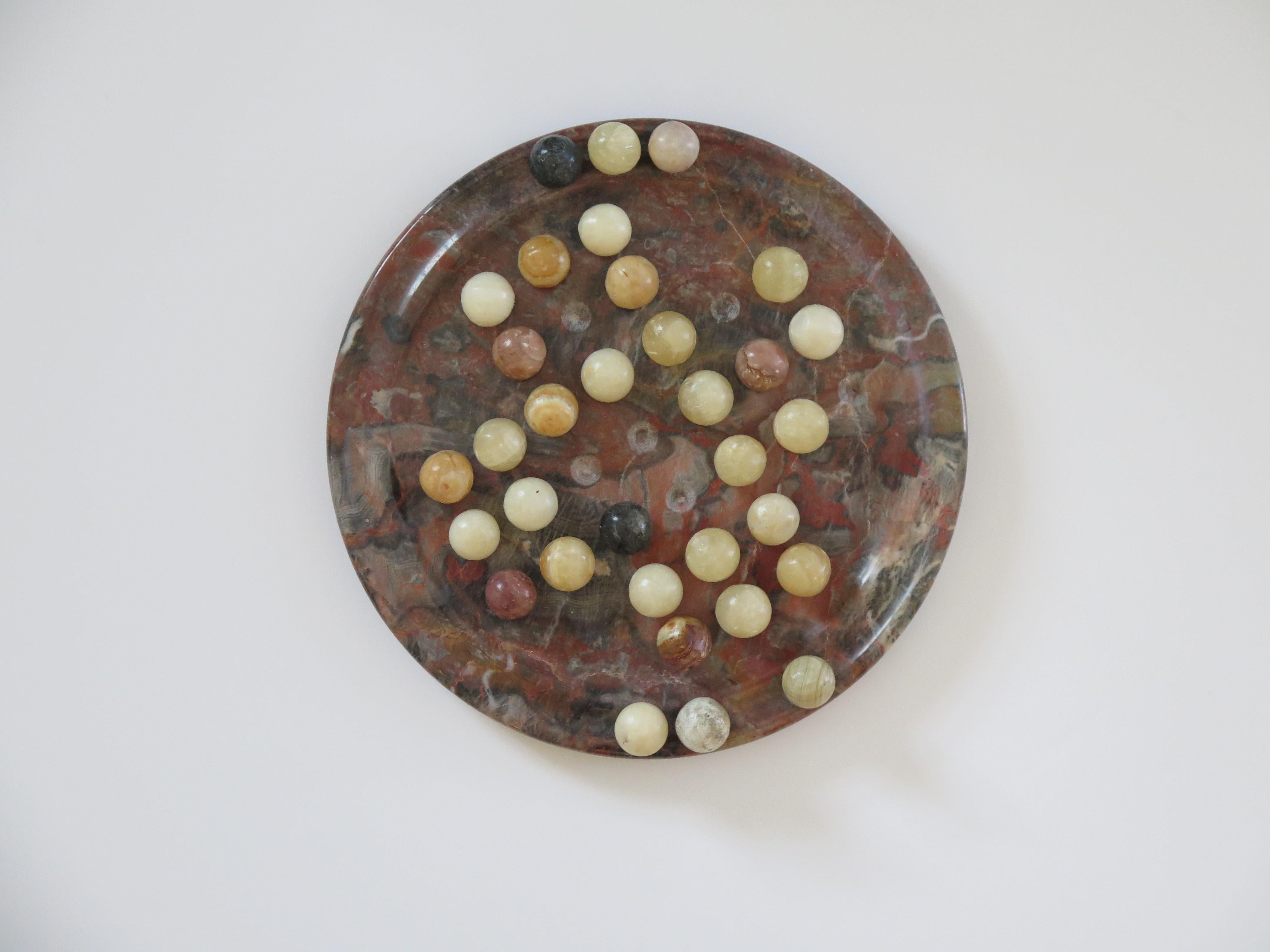 French Marble Solitaire Board Game Natural Stone Board & 33 Agate Marbles, circa 1930s