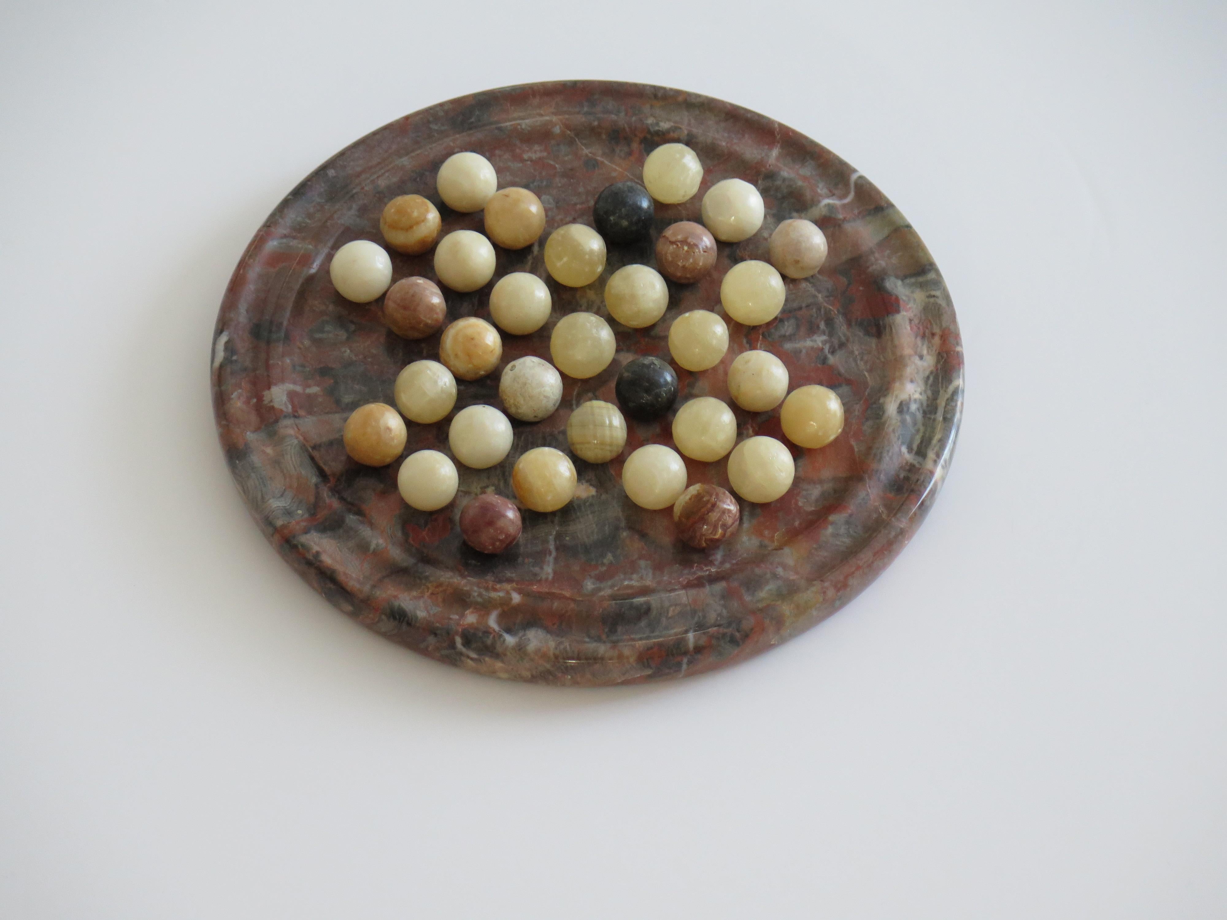 Hand-Crafted Marble Solitaire Board Game Natural Stone Board & 33 Agate Marbles, circa 1930s