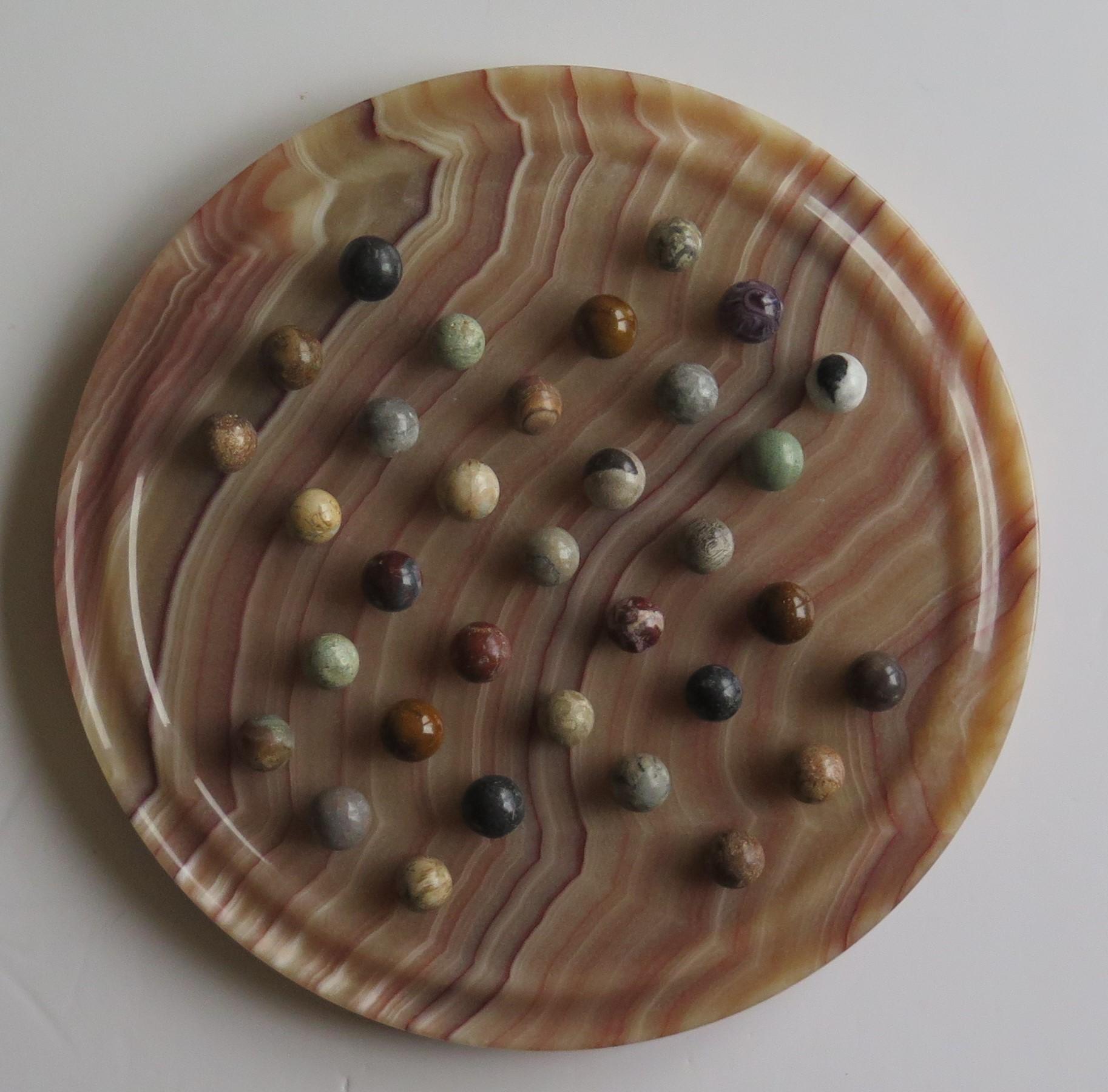 Marble Solitaire Board Game Natural Stone Board & 33 Agate Marbles, circa 1950 2
