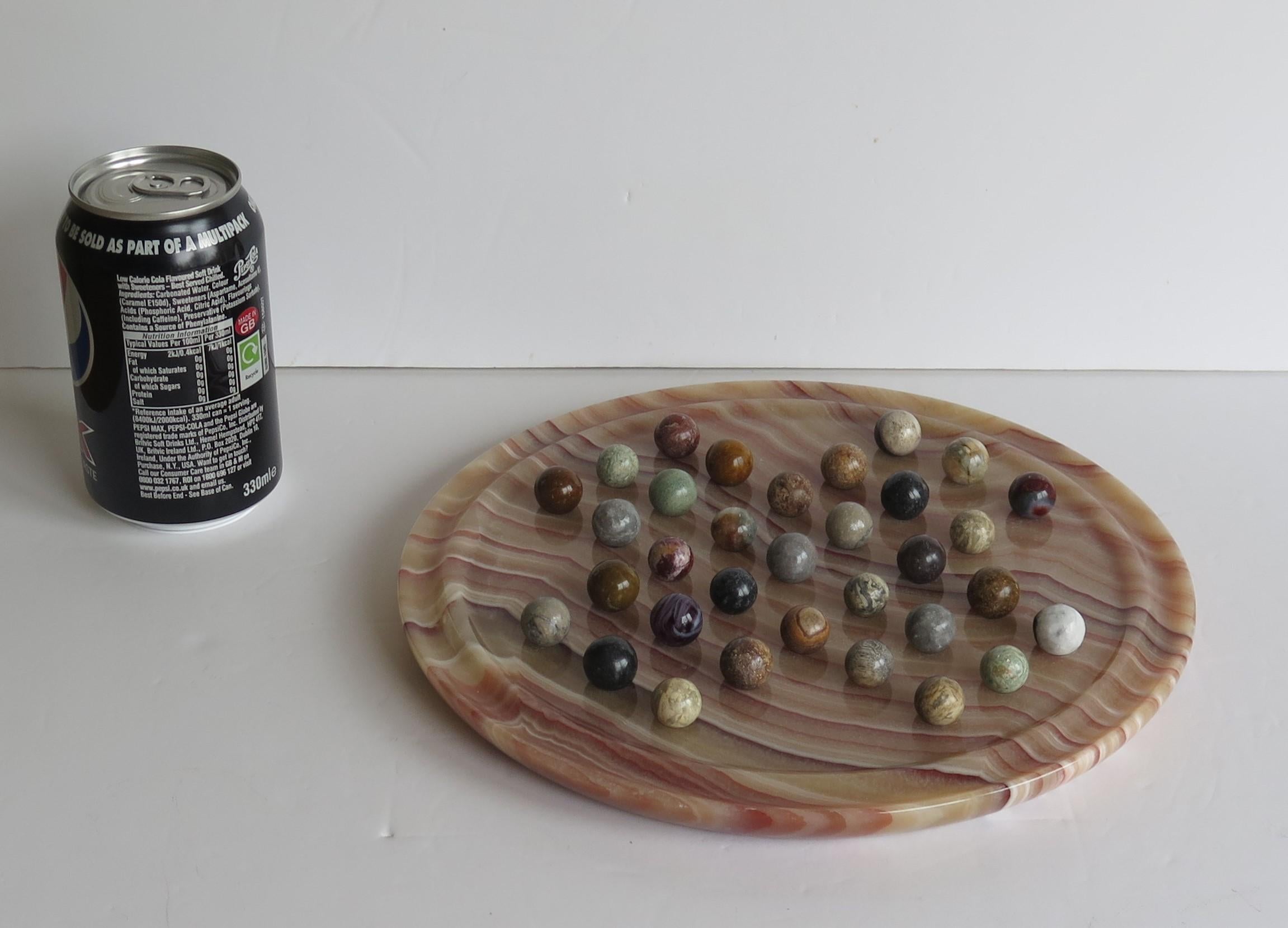 Marble Solitaire Board Game Natural Stone Board & 33 Agate Marbles, circa 1950 8