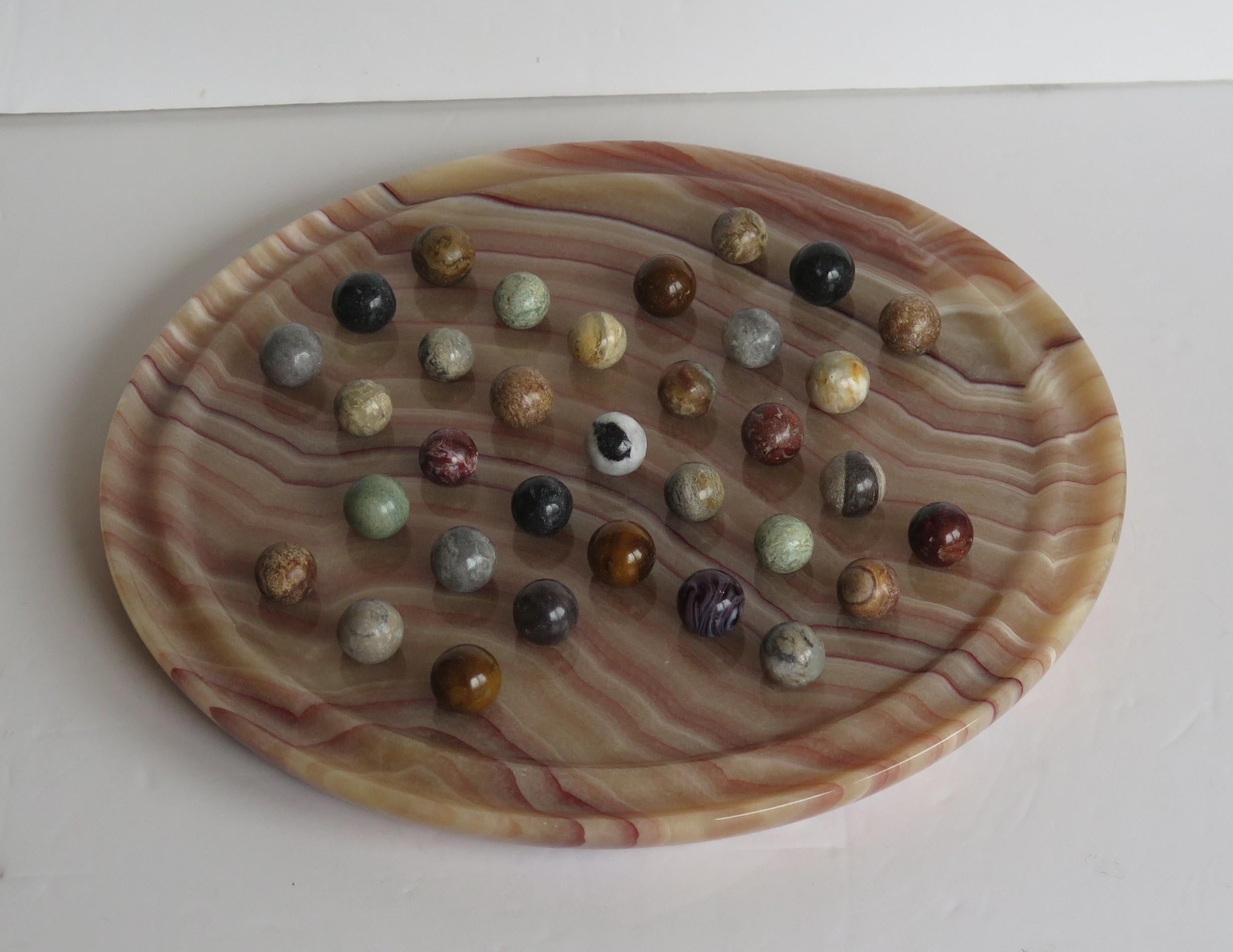 Hand-Crafted Marble Solitaire Board Game Natural Stone Board & 33 Agate Marbles, circa 1950