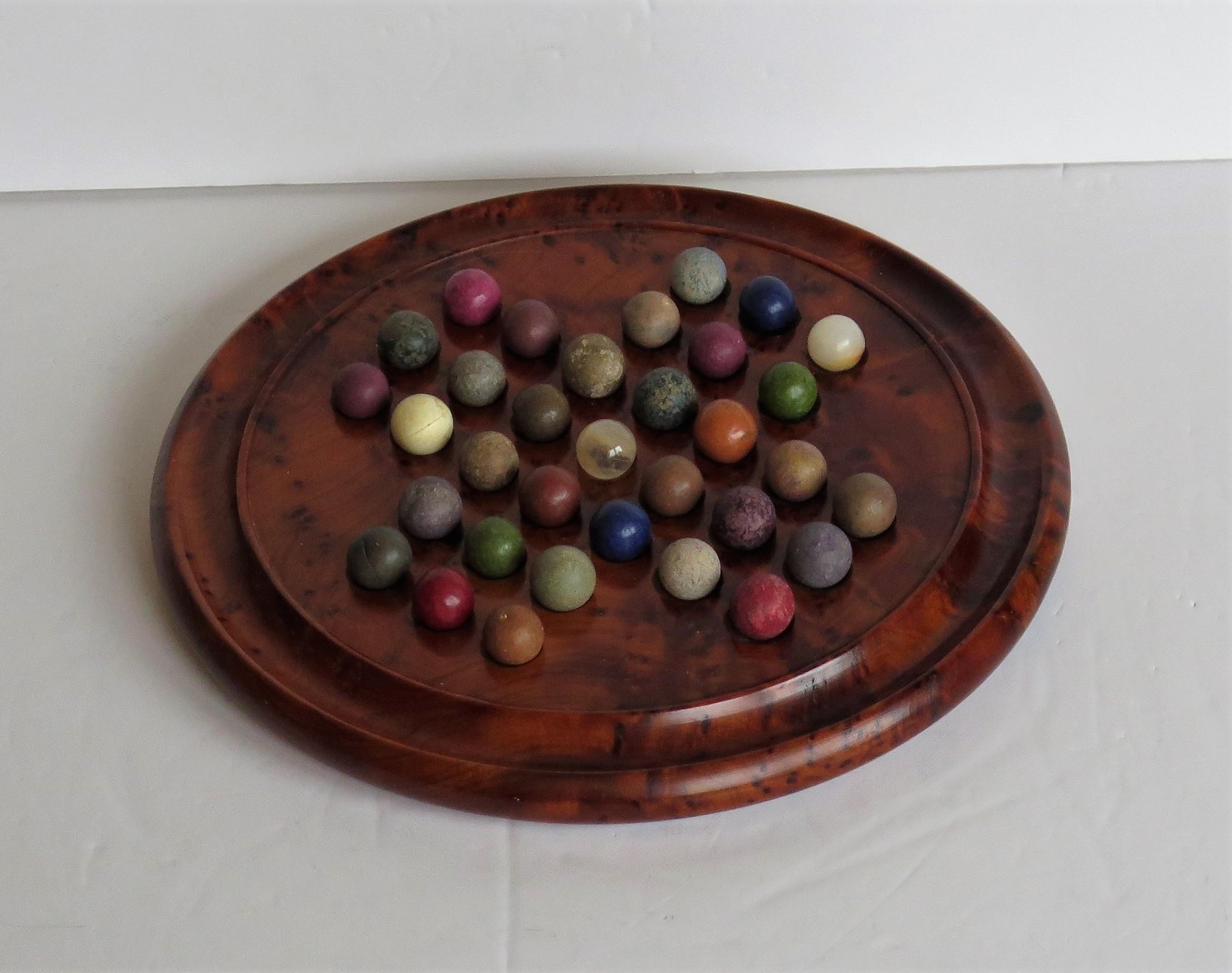 Edwardian Marble Solitaire Board Game with 33 Early Handmade Stone Marbles, circa 1900