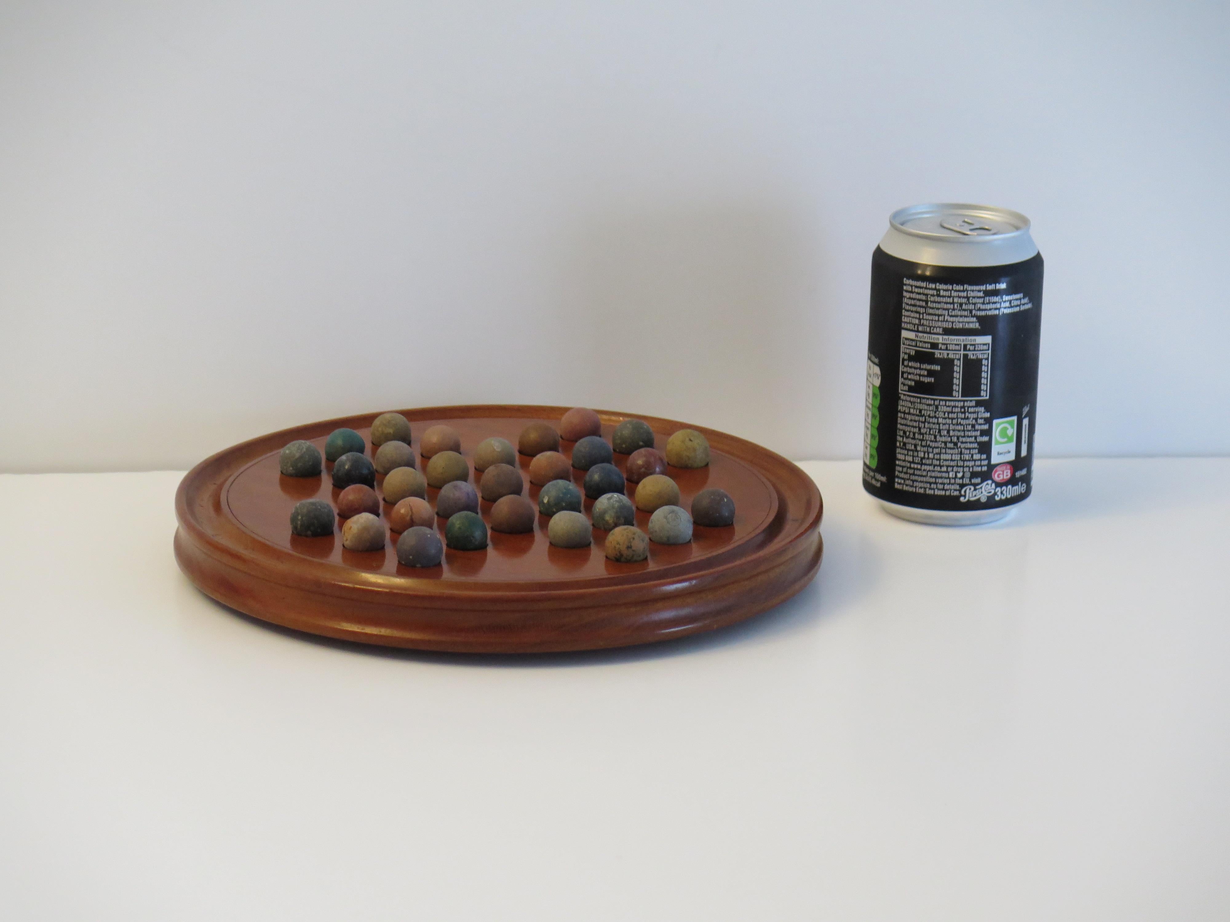 Marble Solitaire Fine Hardwood Board with 33 Clay and Stone Marbles, Late 19th C 7