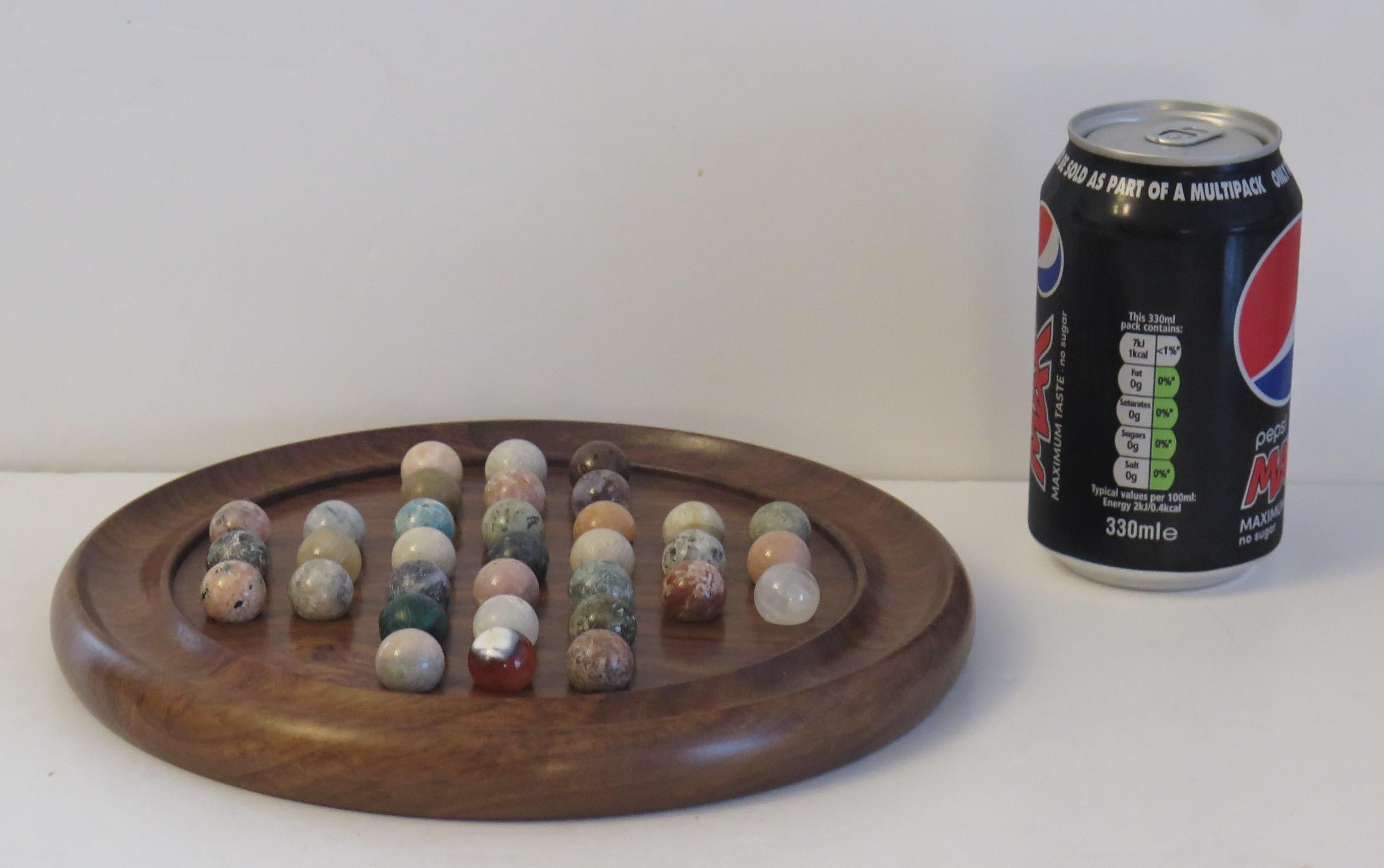 Marble Solitaire Game Hardwood Board 33 Agate Mineral Stone Marbles, circa 1930s 1