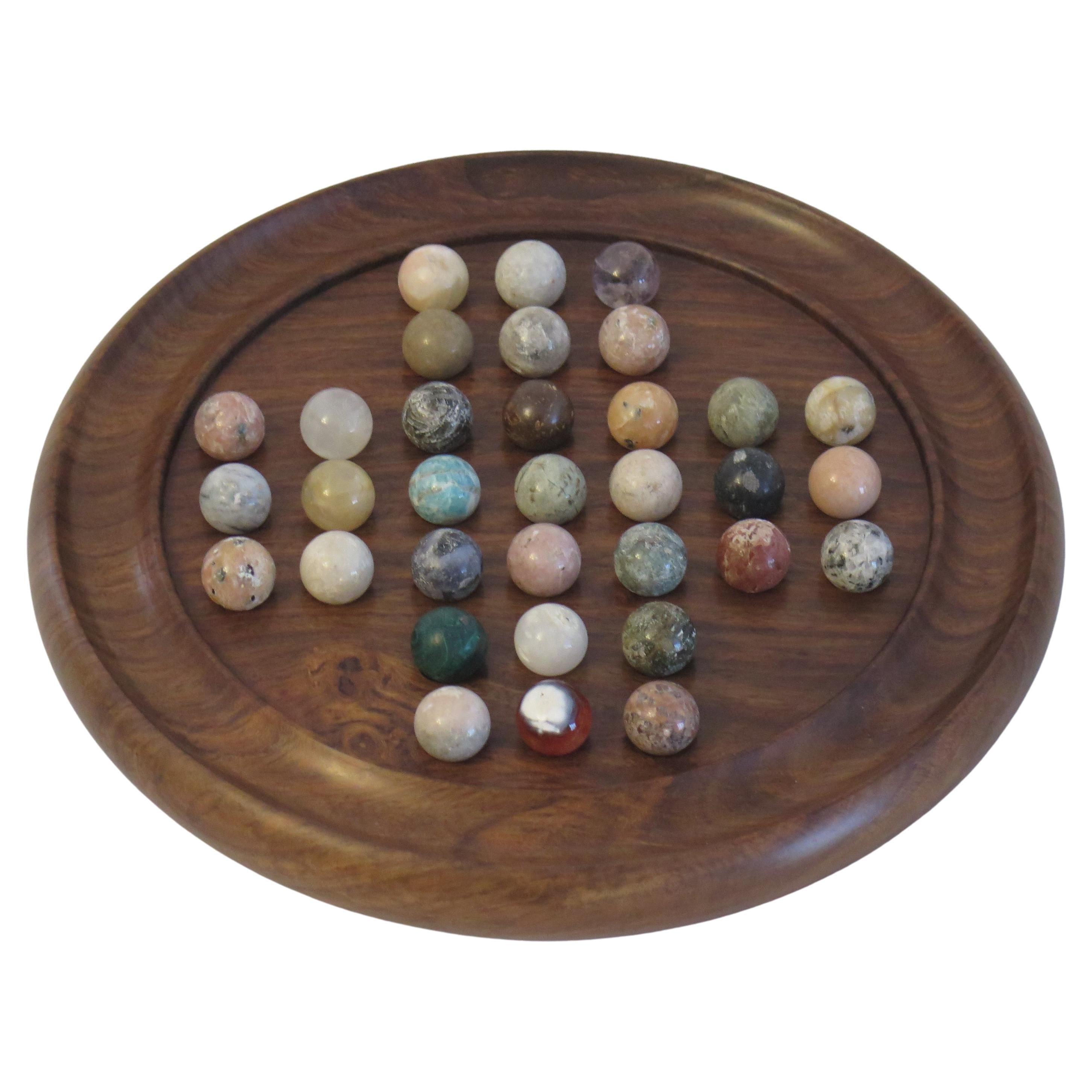 Marble Solitaire Game Hardwood Board 33 Agate Mineral Stone Marbles, circa 1930s