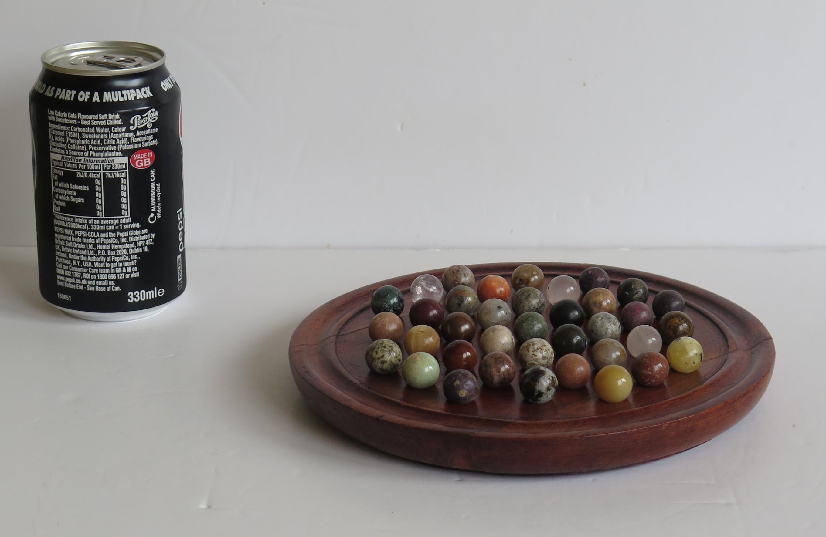 Marble Solitaire Game Hardwood Board 37 Agate Mineral Stone Marbles, circa 1915 7