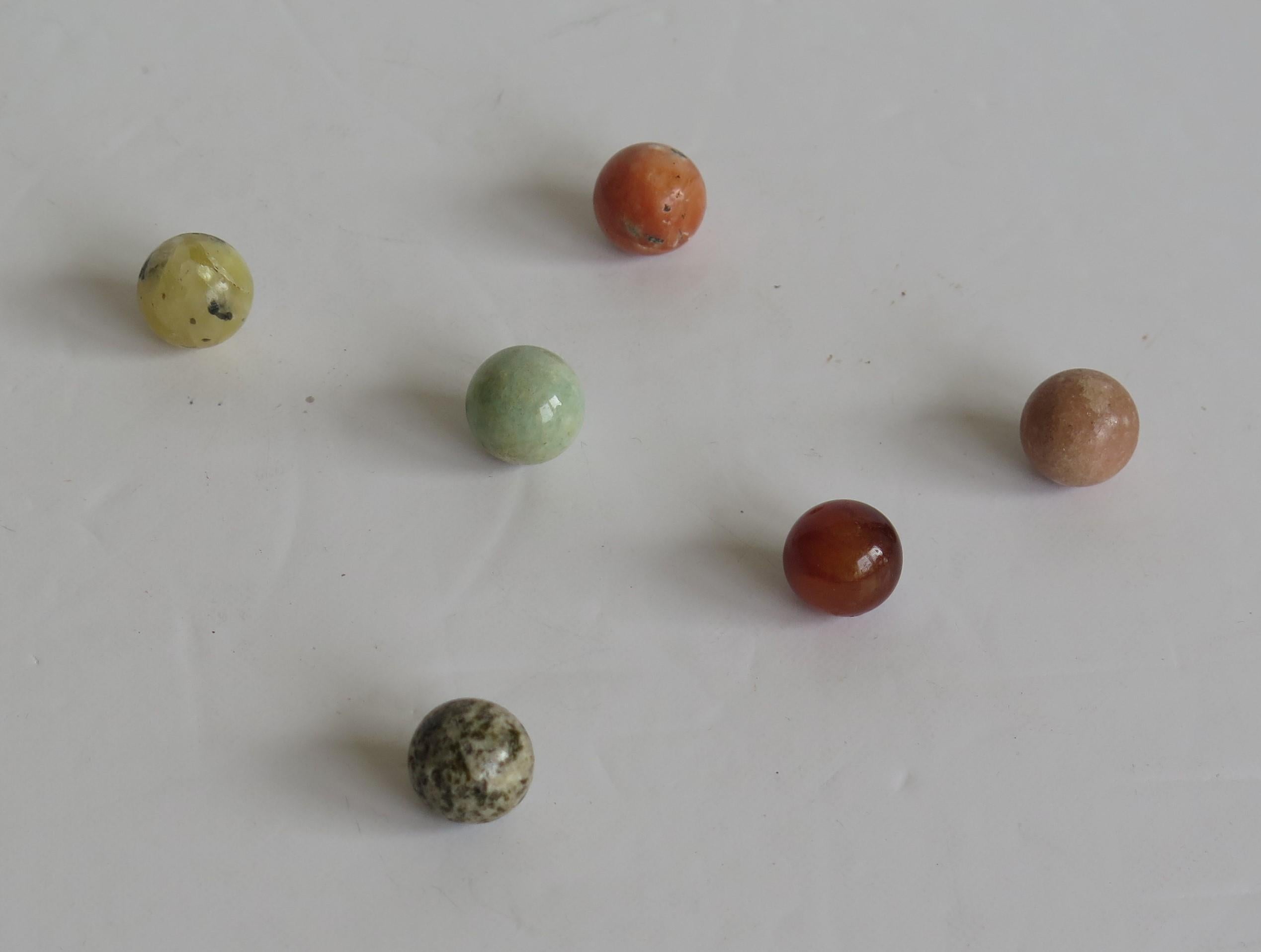 Marble Solitaire Game Hardwood Board 37 Agate Mineral Stone Marbles, circa 1915 1