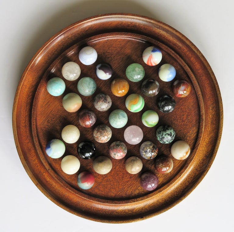 Marble Solitaire Game Hardwood Board and 33 Mainly Agate Mineral Stone
